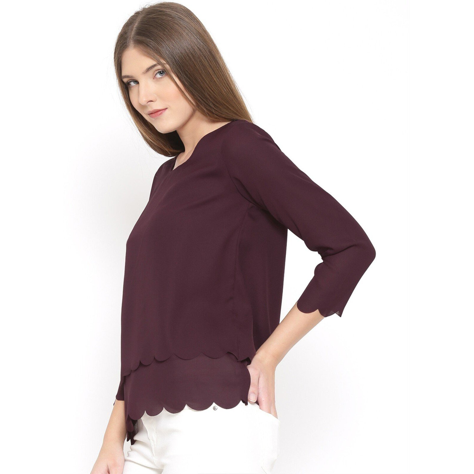 Rare Women Burgundy Solid Scalloped Hem Layered Top (Ep1396-M)
