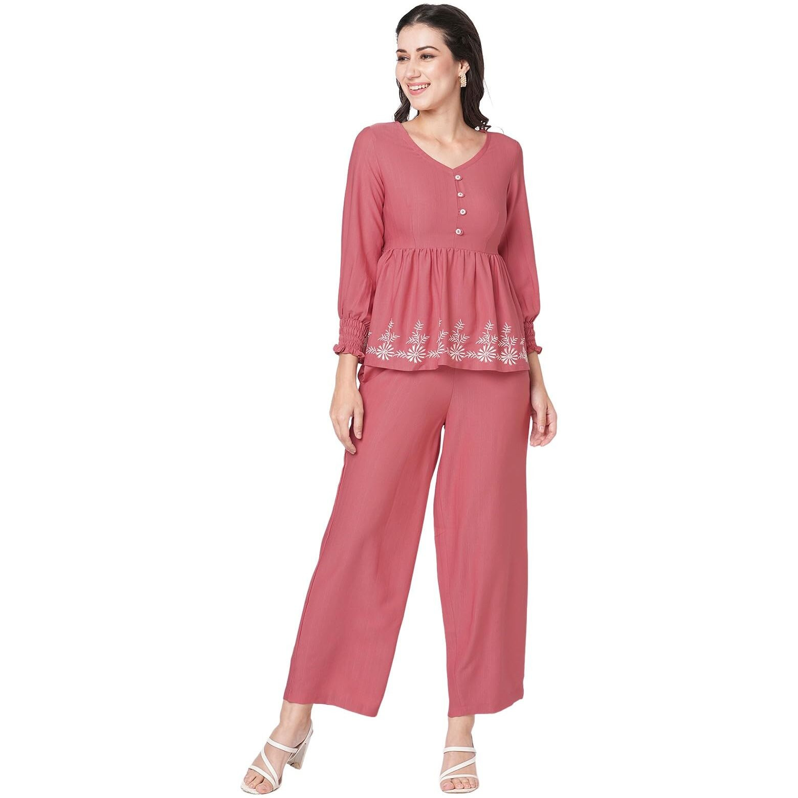 Selvia Co-Ords Set For Women|Cotton Lycra Tunic & Trouser Set|Ethnic Co-Ords Set For Women|Embroidery Two Piece Co-Ord Set(642Ctk7723N-Xs_Dark Rose Pink)