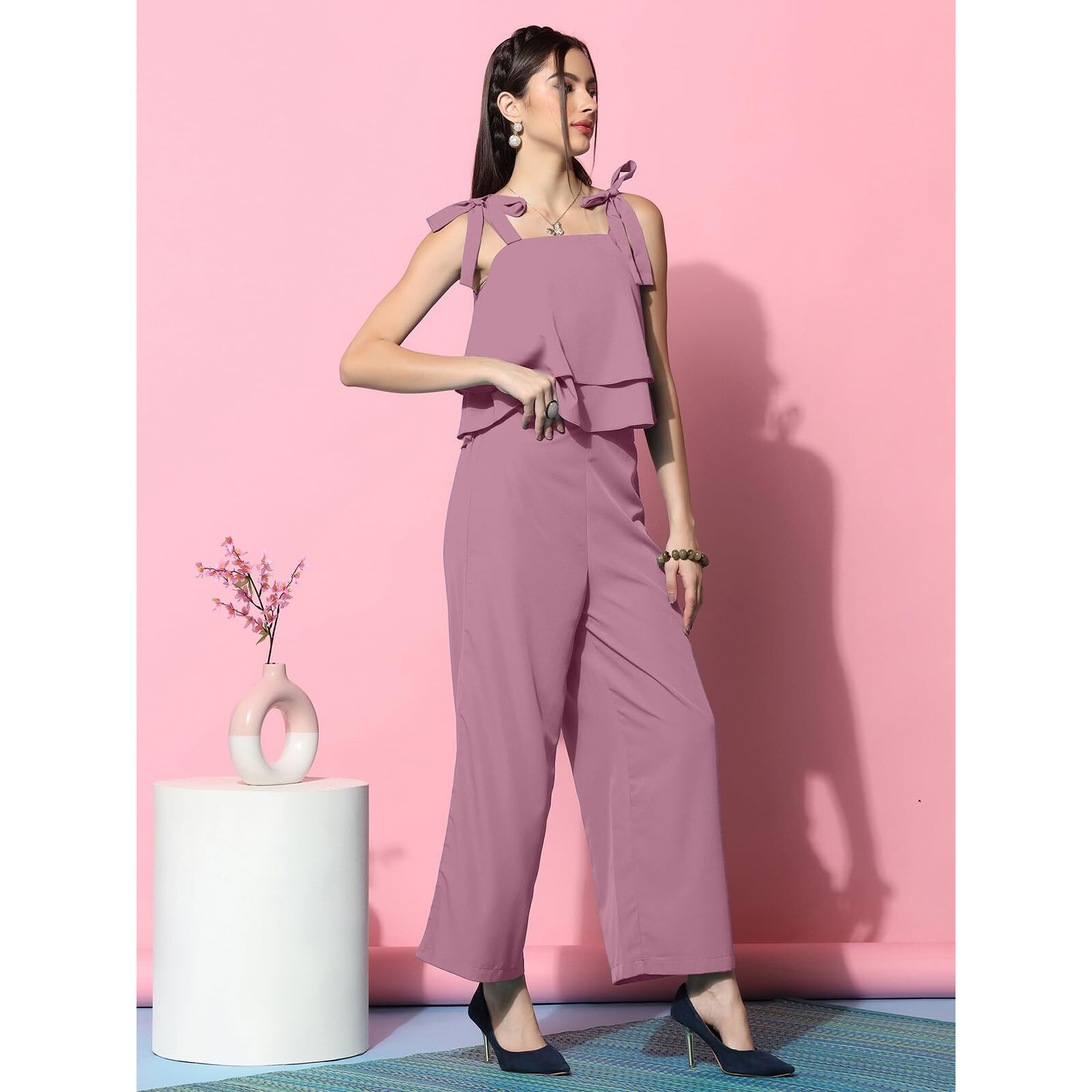 Selvia Co-Ords Set For Women|Crepe Top And Trouser Set|Casual Co-Ords Set For Women|Solid Two Piece Co-Ord Set(752Ctk8041N-Xl_Dusty Pink)