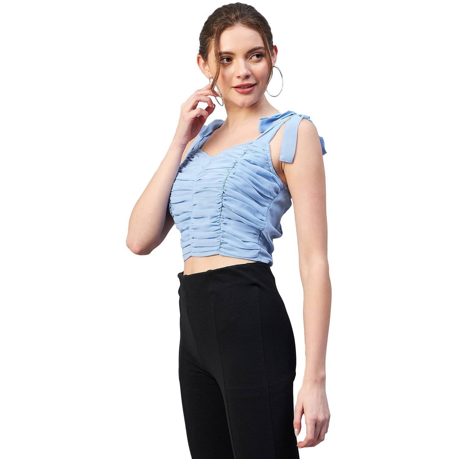 Rare Women Casual Blue Colour Sweetheart Neck Solid Fitted Top