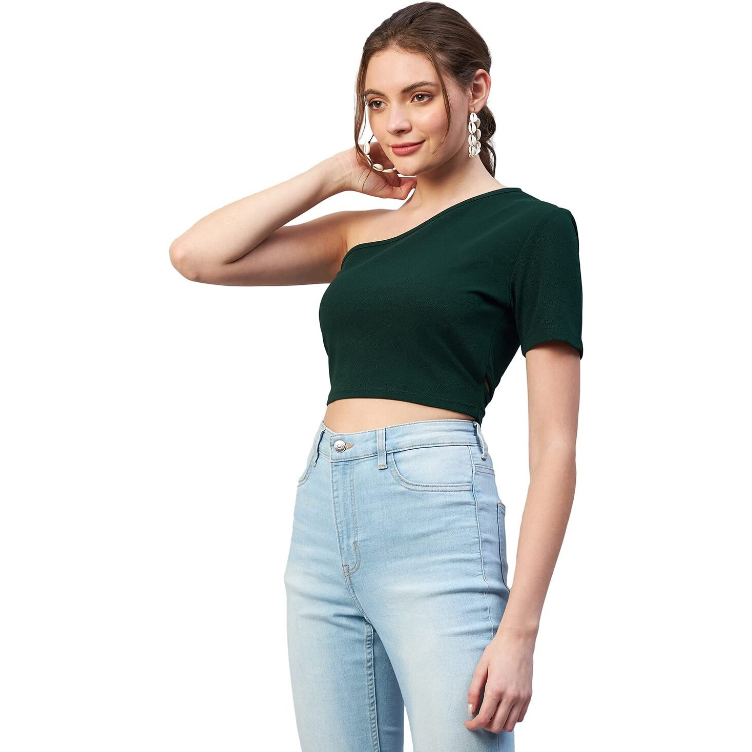 Rare Women Casual Green Colour One Shoulder Solid Fitted Top