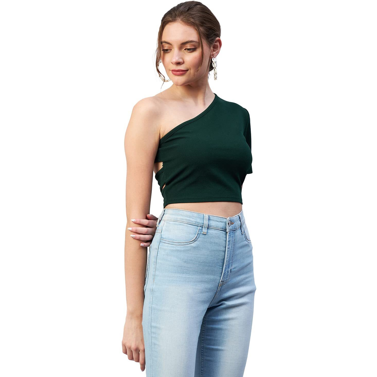 Rare Women Casual Green Colour One Shoulder Solid Fitted Top