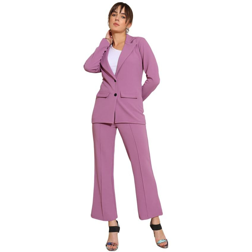Selvia Co-Ord Set For Women|Collared Neck Co-Ord Set For Women| Blazer And Trouser|Solid Co-Ord Set|Coat And Pant|2 Piece|Formal Co-Ord Set For Women| Lycra Co-Ord Set (634Ctk11257N-L_Lavender)