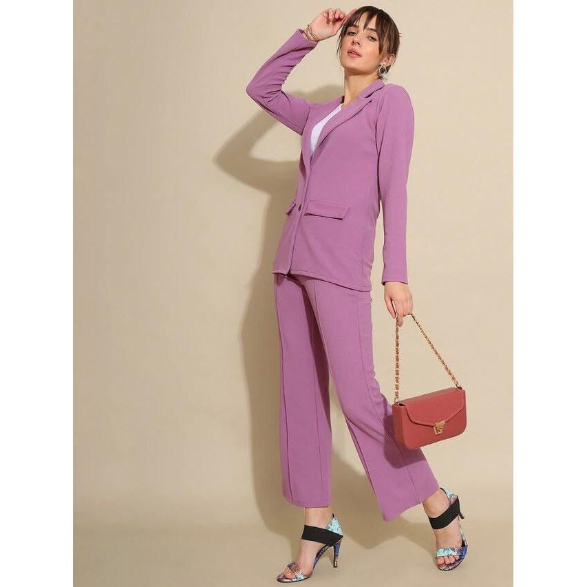 Selvia Co-Ord Set For Women|Collared Neck Co-Ord Set For Women| Blazer And Trouser|Solid Co-Ord Set|Coat And Pant|2 Piece|Formal Co-Ord Set For Women| Lycra Co-Ord Set (634Ctk11257N-L_Lavender)