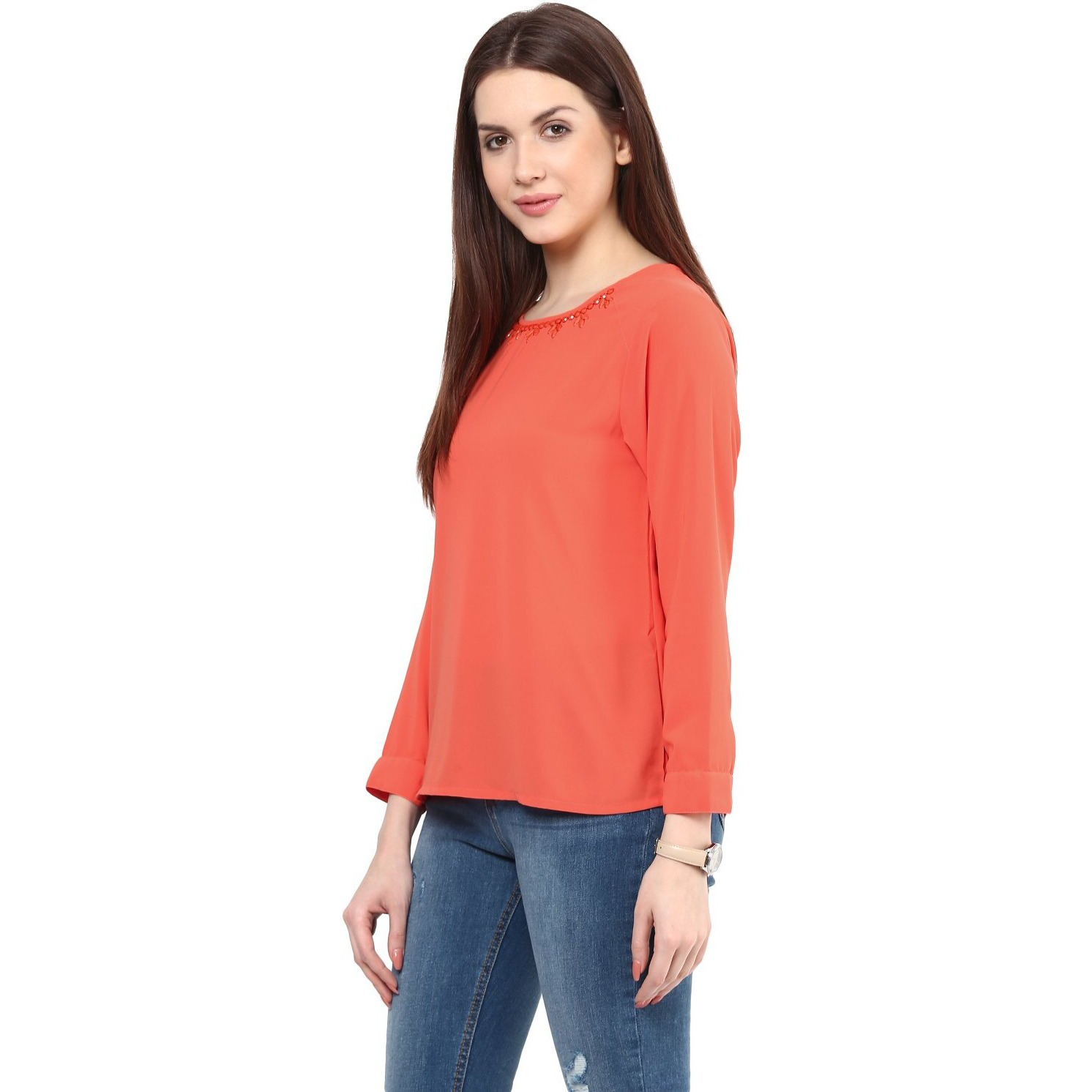Rare Coral Orange Georgette Top With Embellished Detail (Ep1601-S)