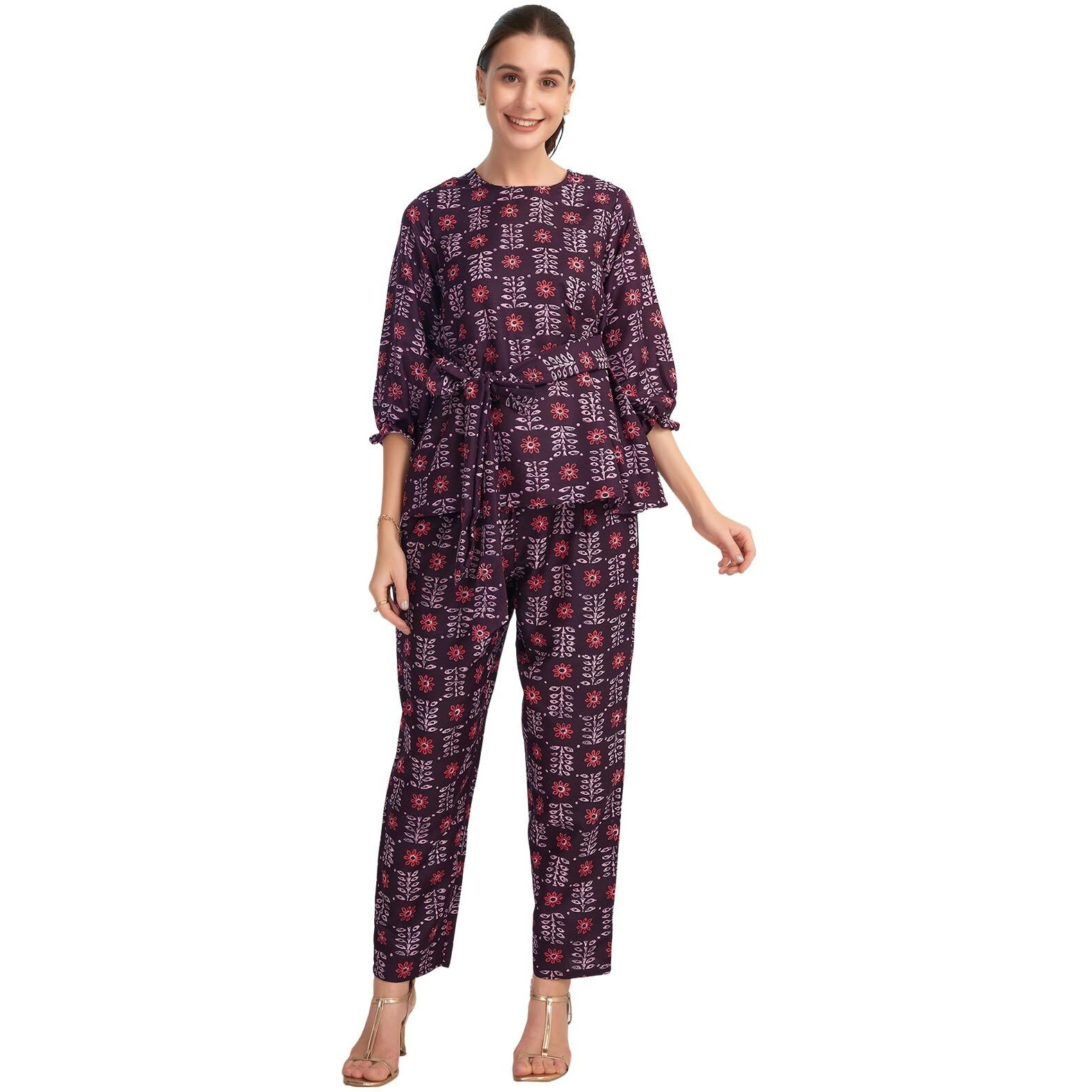Selvia Co-Ords Set For Women|Cotton Blend Top & Trouser Set|Ethnic Co-Ords Set For Women|Floral Printed Two Piece Co-Ord Set Co-Ords Set(705Ctk7891N-L_Wine & Lilac & Light Red)