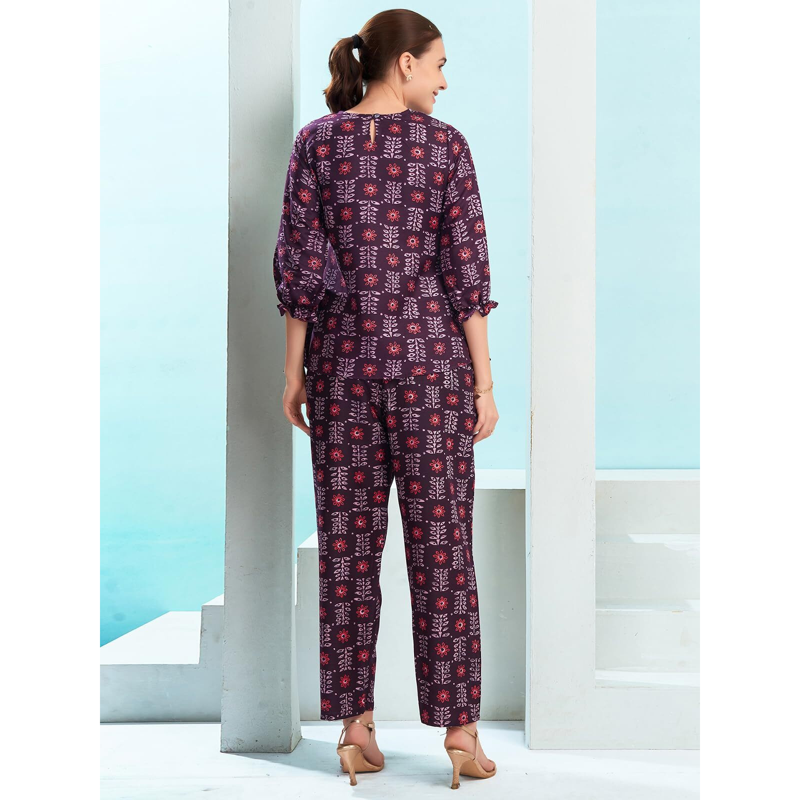 Selvia Co-Ords Set For Women|Cotton Blend Top & Trouser Set|Ethnic Co-Ords Set For Women|Floral Printed Two Piece Co-Ord Set Co-Ords Set(705Ctk7891N-L_Wine & Lilac & Light Red)