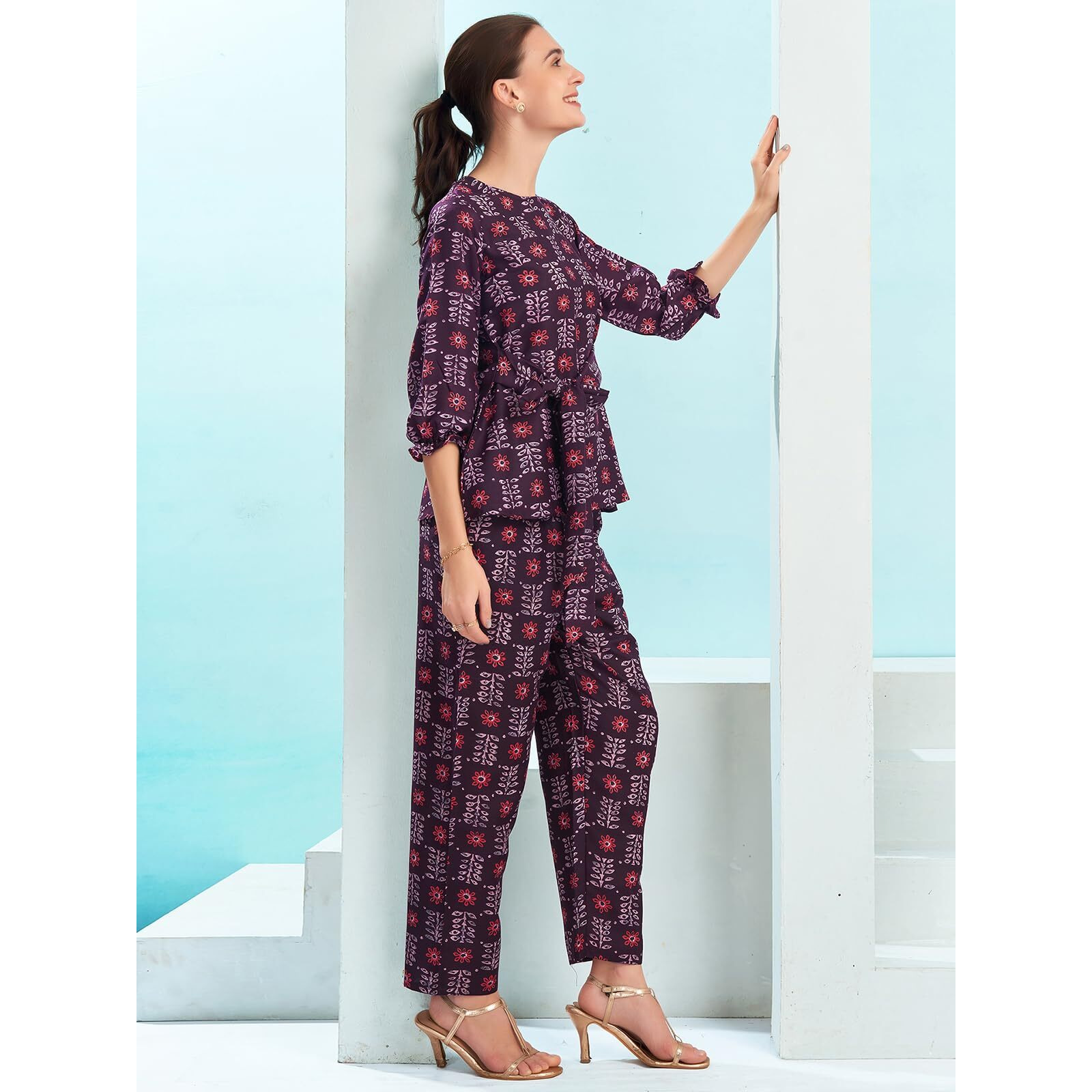 Selvia Co-Ords Set For Women|Cotton Blend Top & Trouser Set|Ethnic Co-Ords Set For Women|Floral Printed Two Piece Co-Ord Set Co-Ords Set(705Ctk7891N-L_Wine & Lilac & Light Red)