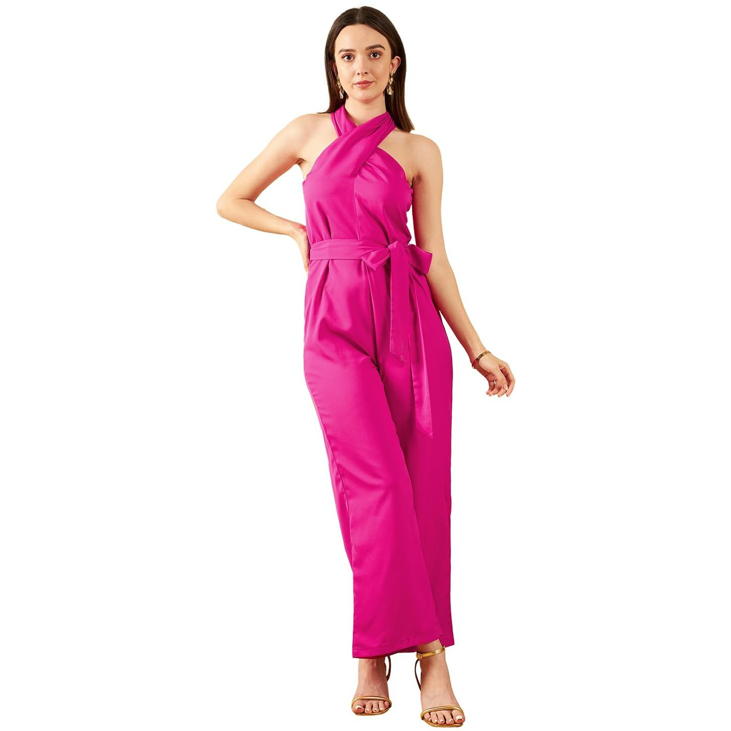 Rare Pink Halter Neck Sleeveless Waist Tie-Ups Basic Jumpsuit (Ep7003A_Hot Pink_S)