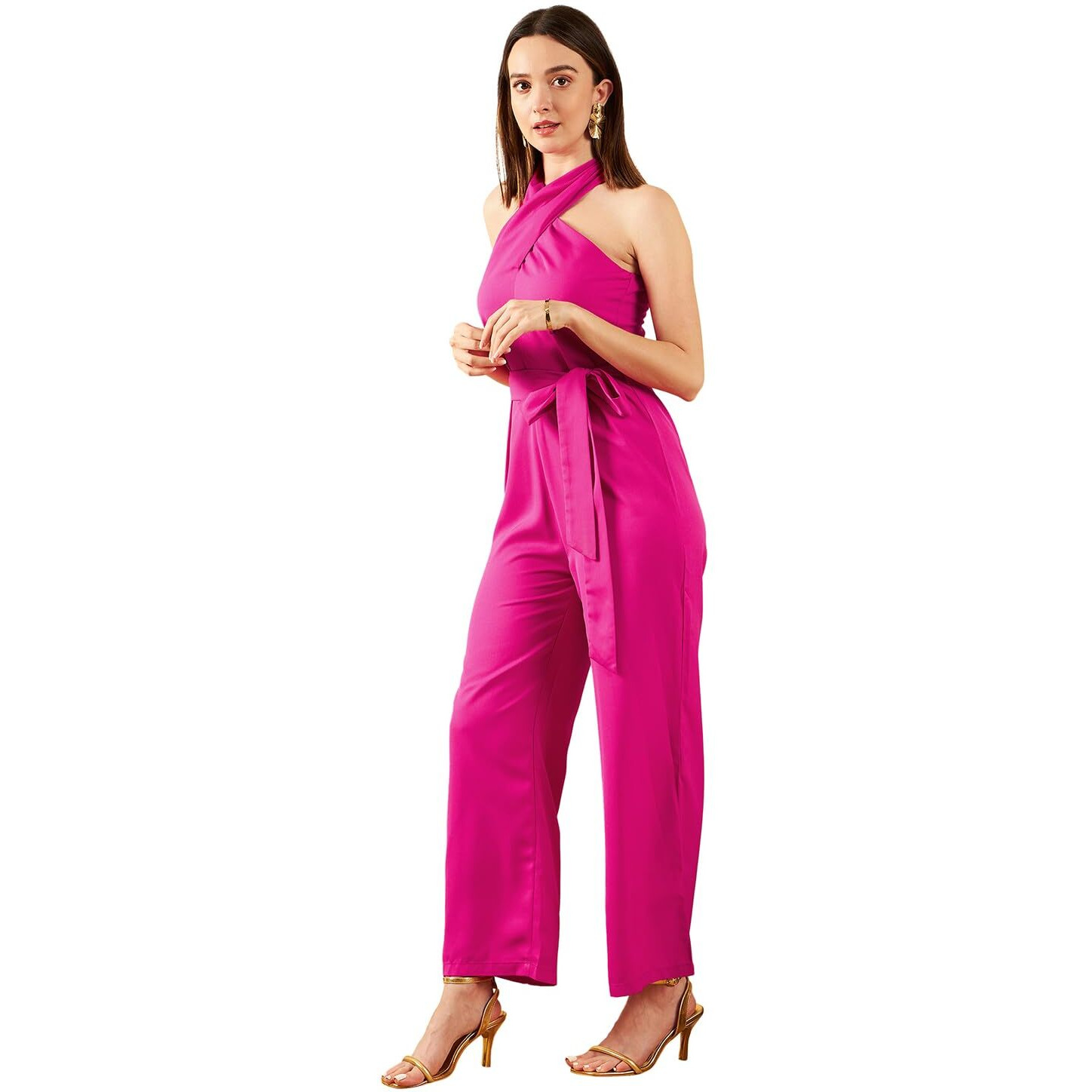 Rare Pink Halter Neck Sleeveless Waist Tie-Ups Basic Jumpsuit (Ep7003A_Hot Pink_S)