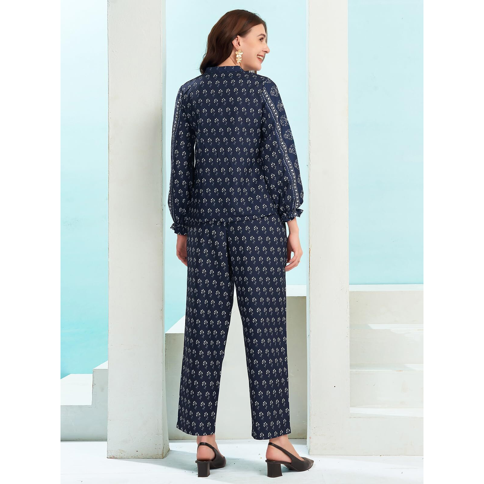 Selvia Co-Ords Set For Women | Rayon Blend Top & Trouser Co-Ords Set | Ethnic Co-Ords Set For Women | Printed Two Piece Co-Ord Set Co-Ords Set(671Ctk7801N-Xs_Dark Blue & White)