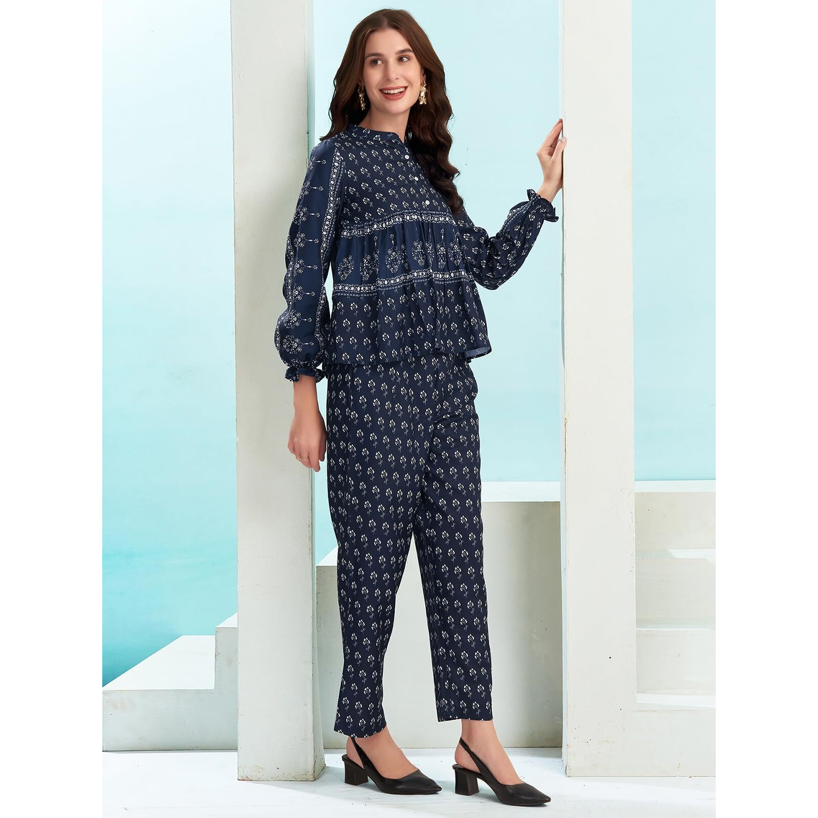 Selvia Co-Ords Set For Women | Rayon Blend Top & Trouser Co-Ords Set | Ethnic Co-Ords Set For Women | Printed Two Piece Co-Ord Set Co-Ords Set(671Ctk7801N-Xs_Dark Blue & White)