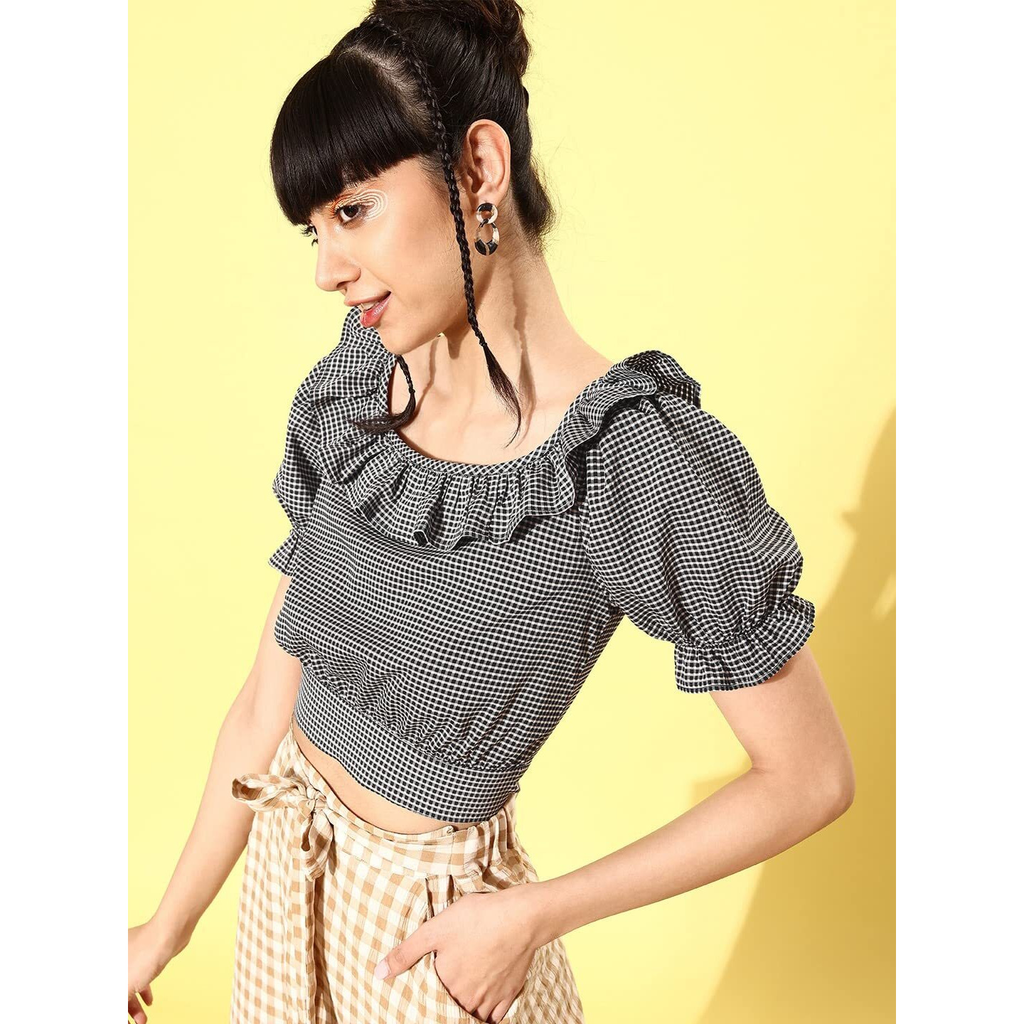 Rare Women Casual Black Colour Boat Neck Checked Regular Top