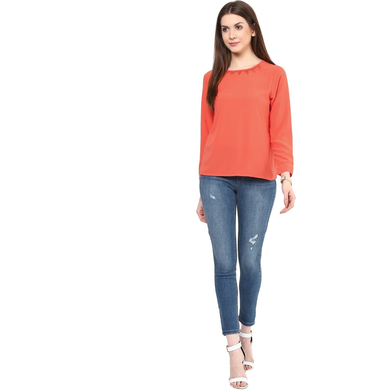 Rare Coral Orange Georgette Top With Embellished Detail (Ep1601-M)