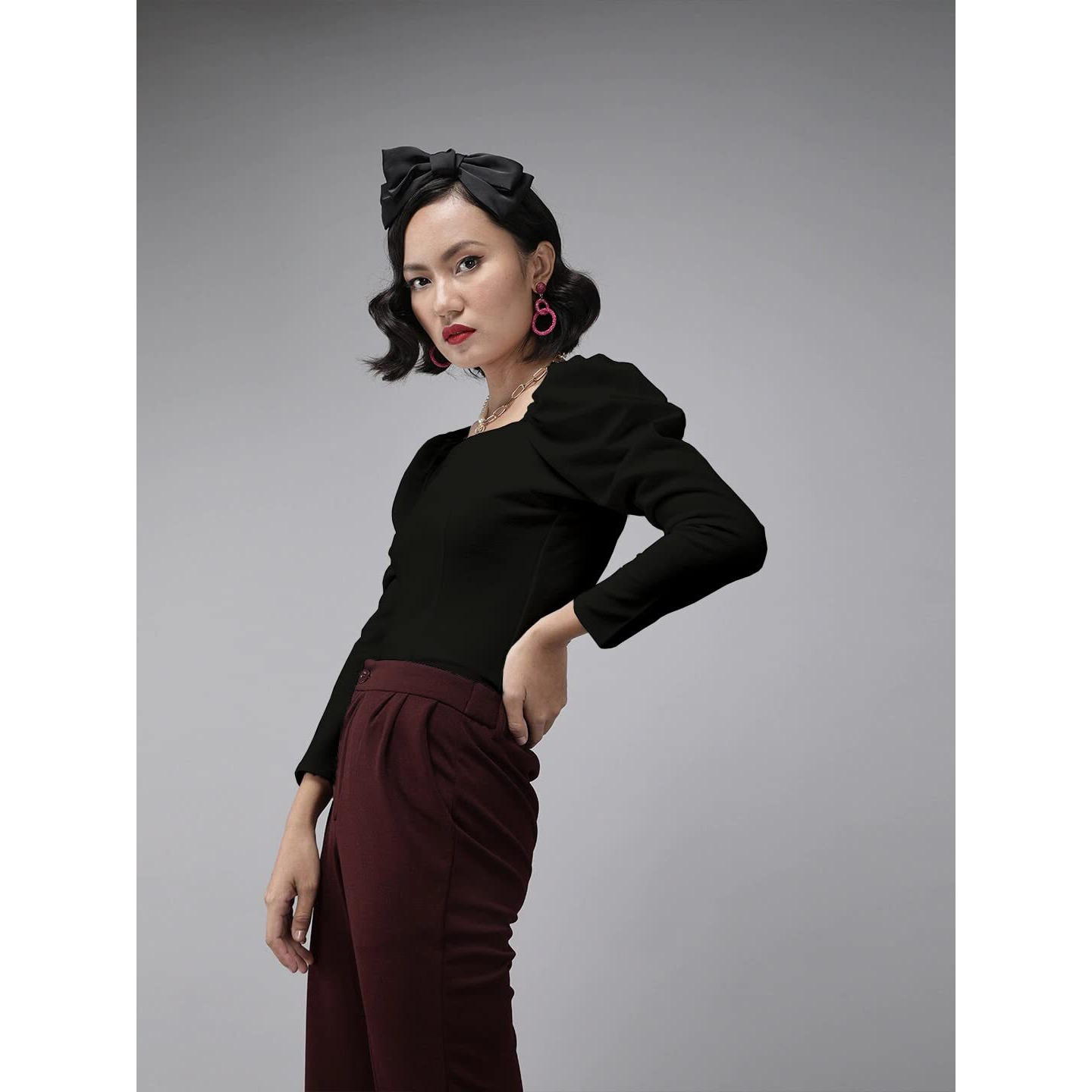 Rare Women Casual Black Colour Square Neck Solid Regular Top