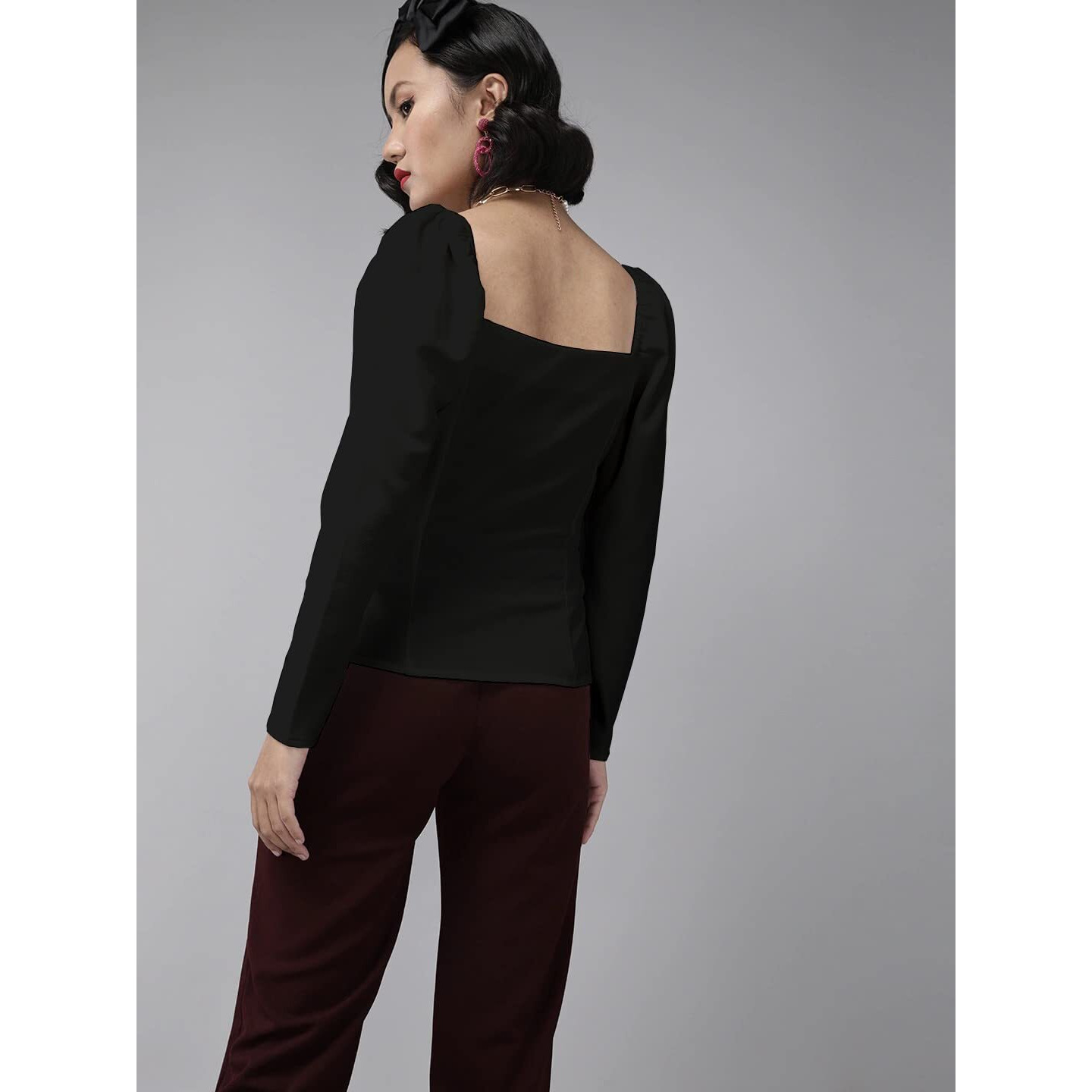 Rare Women Casual Black Colour Square Neck Solid Regular Top