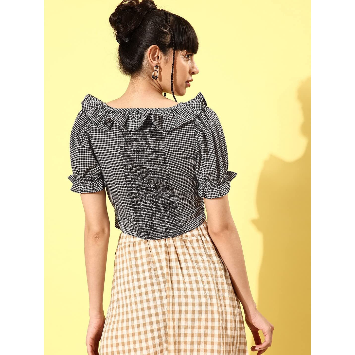 Rare Women Casual Black Colour Boat Neck Checked Regular Top