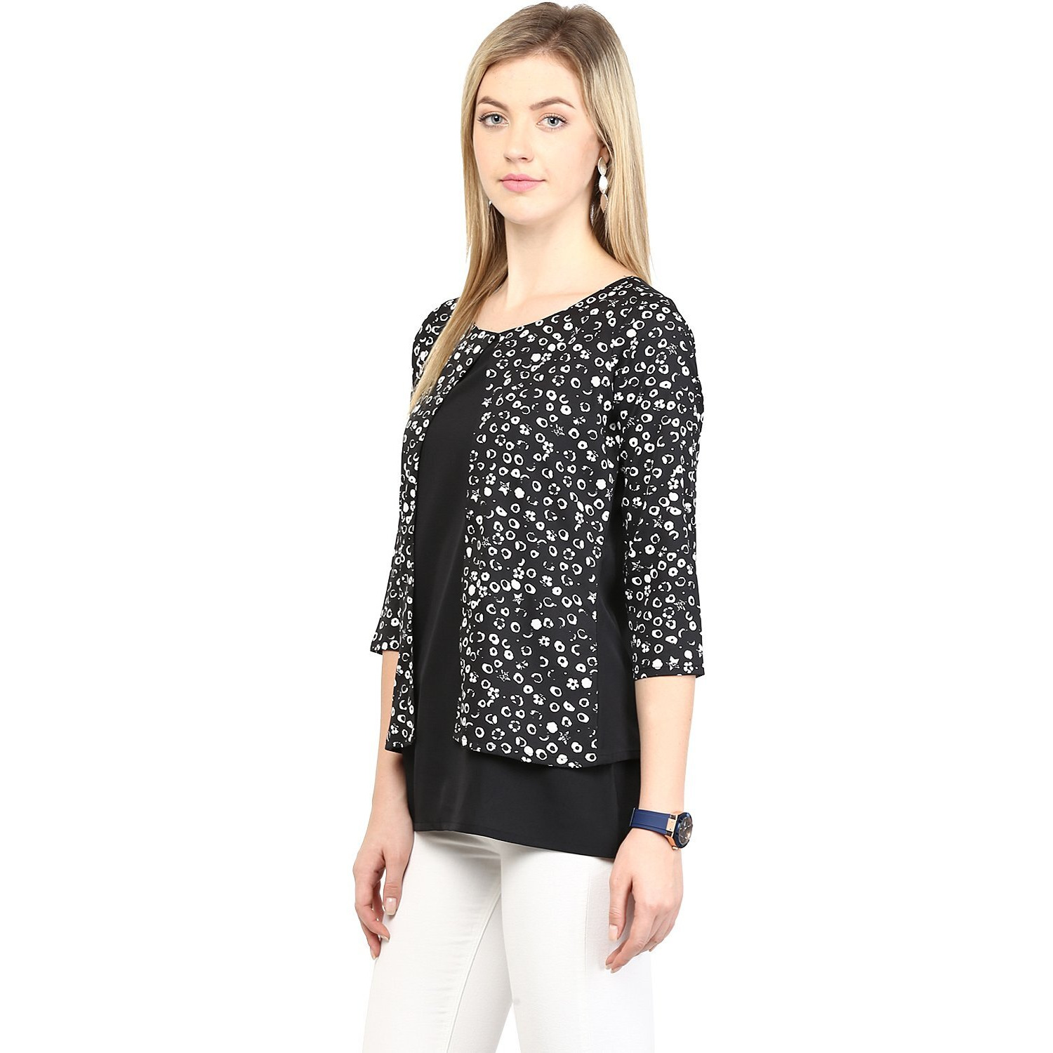 Rare Women Black Crepe Polka Dots Round Neck Top (Ep1004-S)