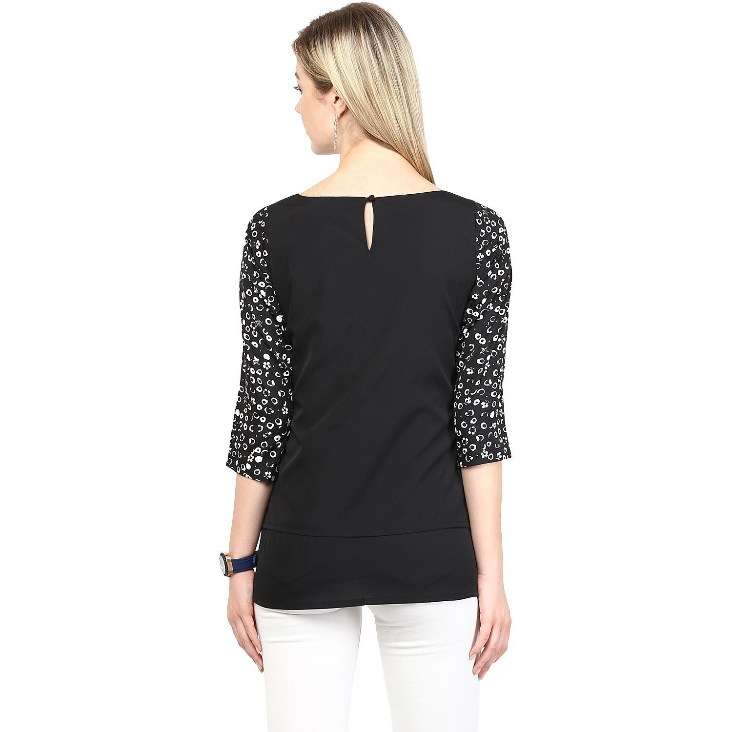 Rare Women Black Crepe Polka Dots Round Neck Top (Ep1004-S)