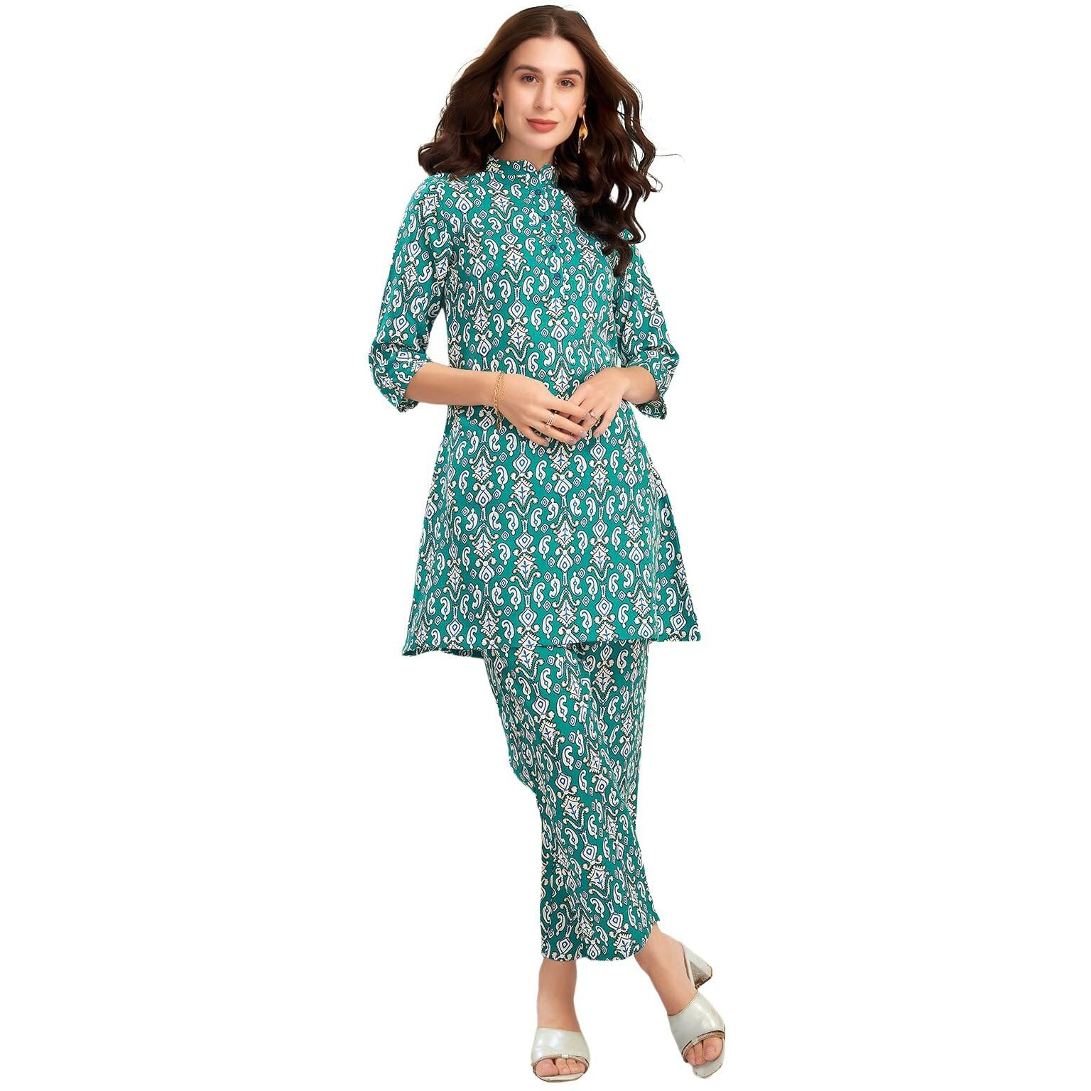 Selvia Co-Ords Set For Women | Cotton Blend Top & Trouser Co-Ords Set | Formal Co-Ords Set For Women | Printed Two Piece Co-Ord Set | Office Wear Co-Ords Set(698Ctk7871N-S_Turquoise & White & Blue)