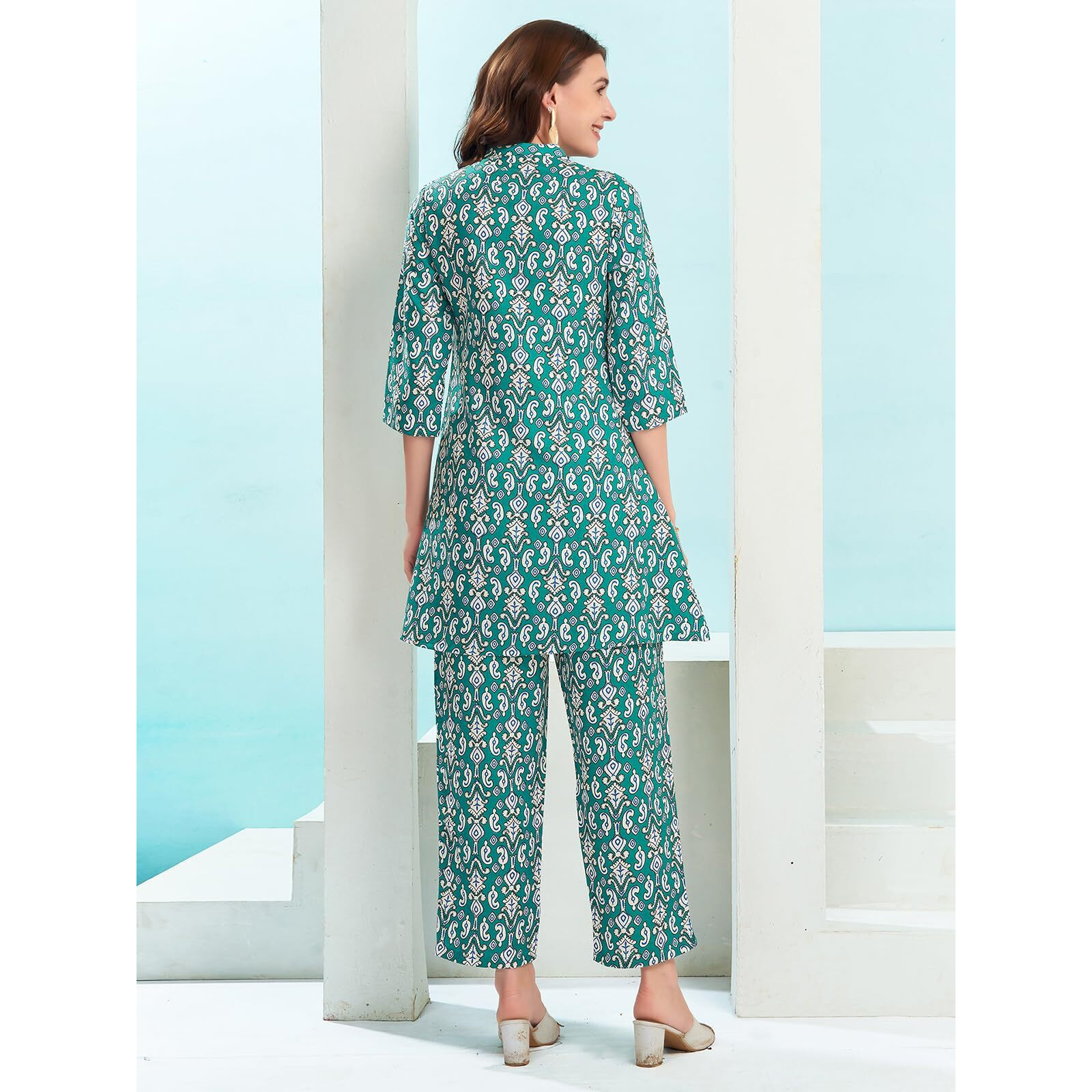 Selvia Co-Ords Set For Women | Cotton Blend Top & Trouser Co-Ords Set | Formal Co-Ords Set For Women | Printed Two Piece Co-Ord Set | Office Wear Co-Ords Set(698Ctk7871N-S_Turquoise & White & Blue)