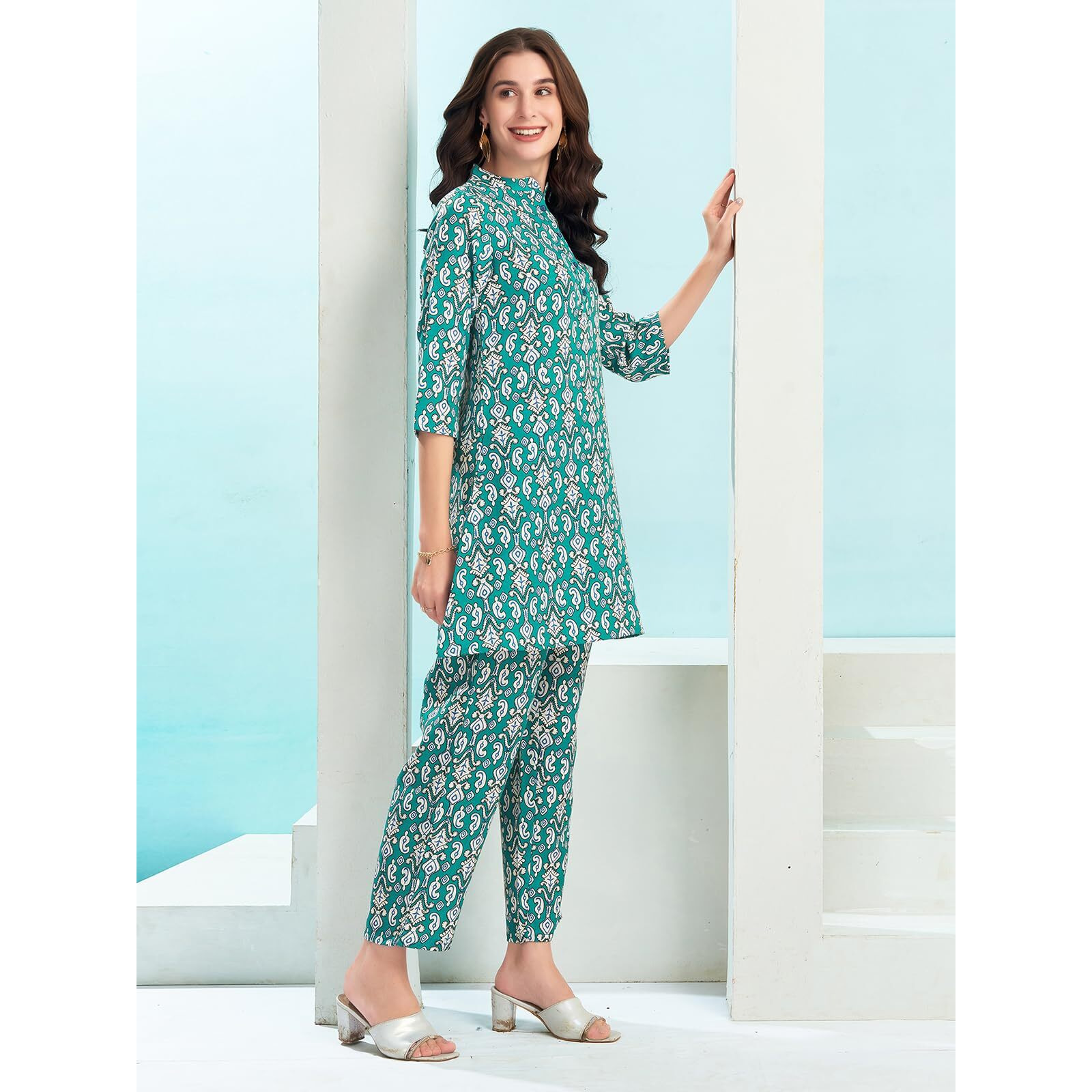 Selvia Co-Ords Set For Women | Cotton Blend Top & Trouser Co-Ords Set | Formal Co-Ords Set For Women | Printed Two Piece Co-Ord Set | Office Wear Co-Ords Set(698Ctk7871N-S_Turquoise & White & Blue)