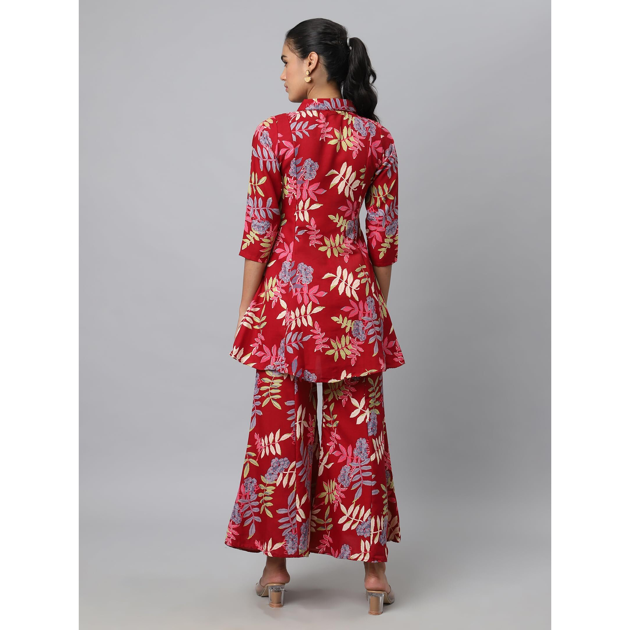 Shasmi Soft Maslin Silk V Neck Co-Ords Set For Women's | Printed Shirt & Bottom Set For Women | Suit Set | Two Piece Dress (Co-Ods 84 Maroon M)