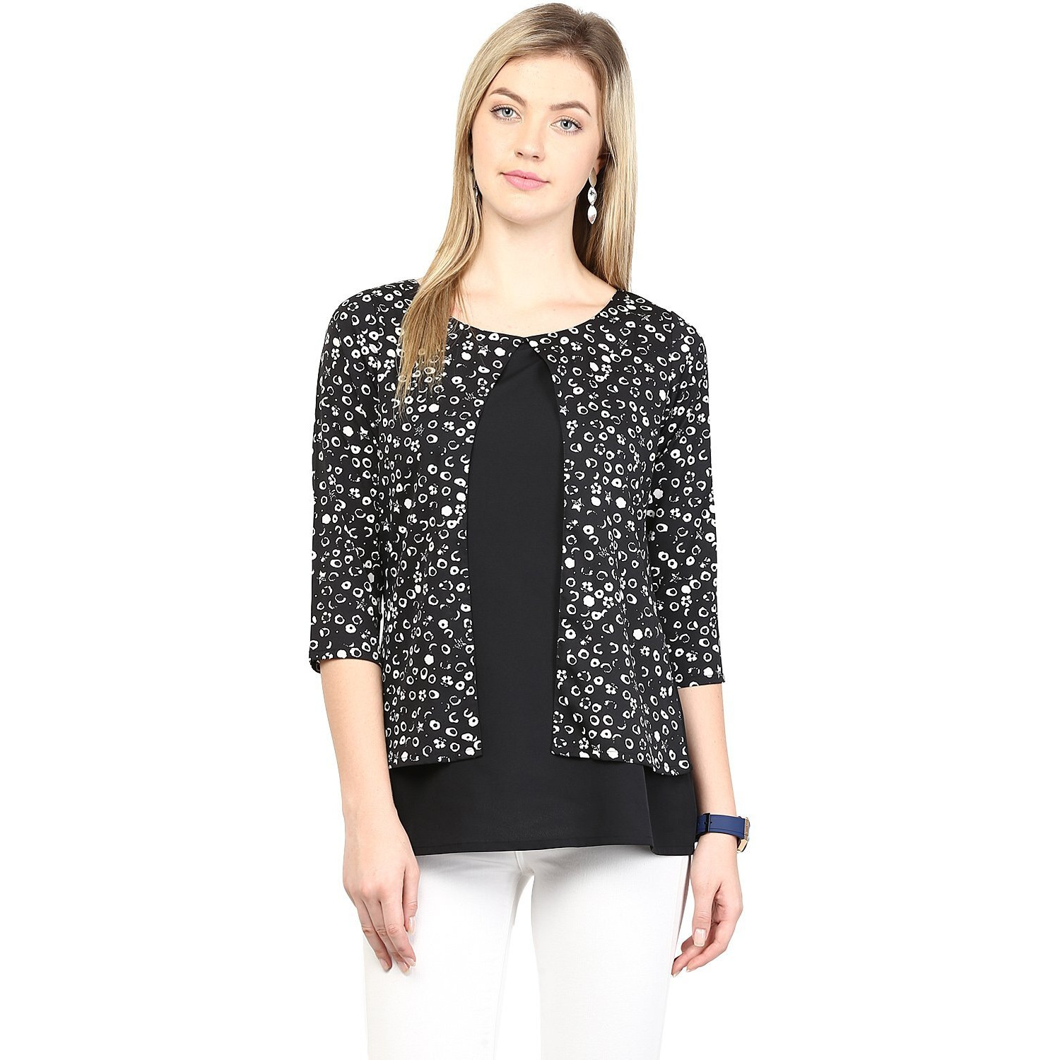 Rare Women Black Crepe Polka Dots Round Neck Top (Ep1004-M)