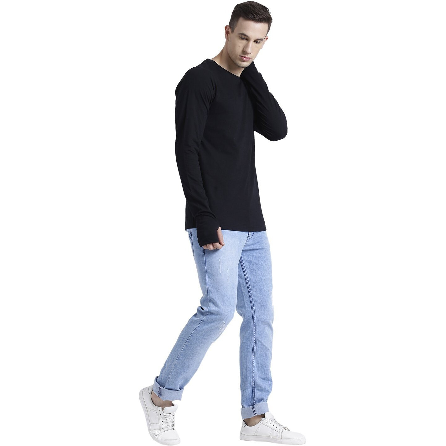 Rigo Black Thumbhole Full Sleeve T-Shirt For Men