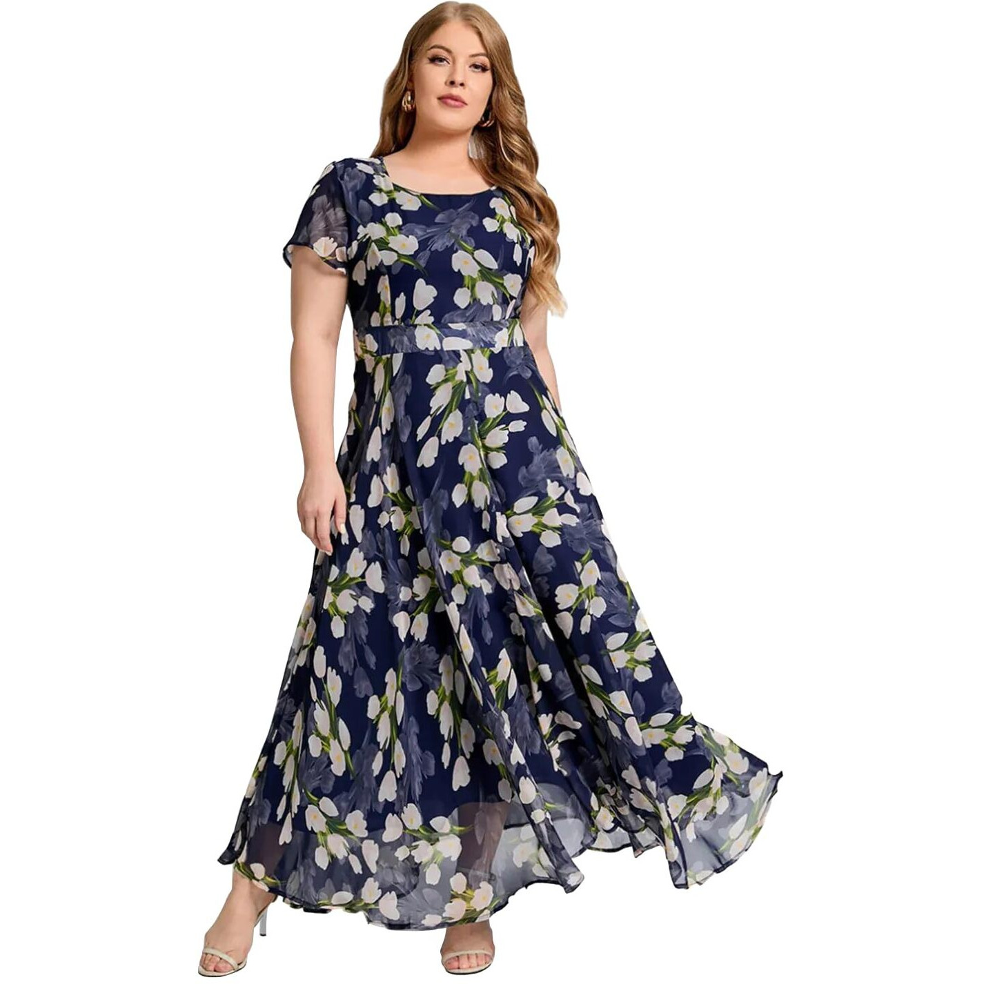 Shasmi Women's Navy Blue Georgette Digital Floral Printed Floral Printing Short Sleeve A-Line Maxi Gown Dress For Women (Gown Dress 248 N Blue 2Xl)
