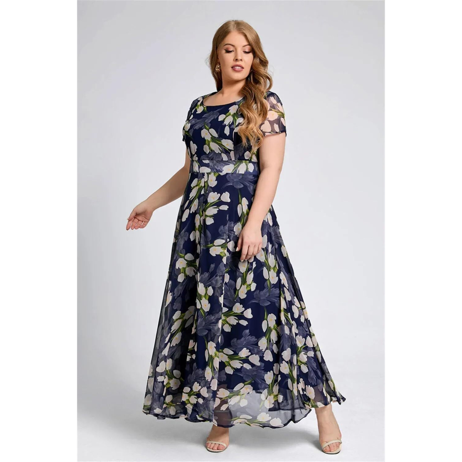 Shasmi Women's Navy Blue Georgette Digital Floral Printed Floral Printing Short Sleeve A-Line Maxi Gown Dress For Women (Gown Dress 248 N Blue 2Xl)