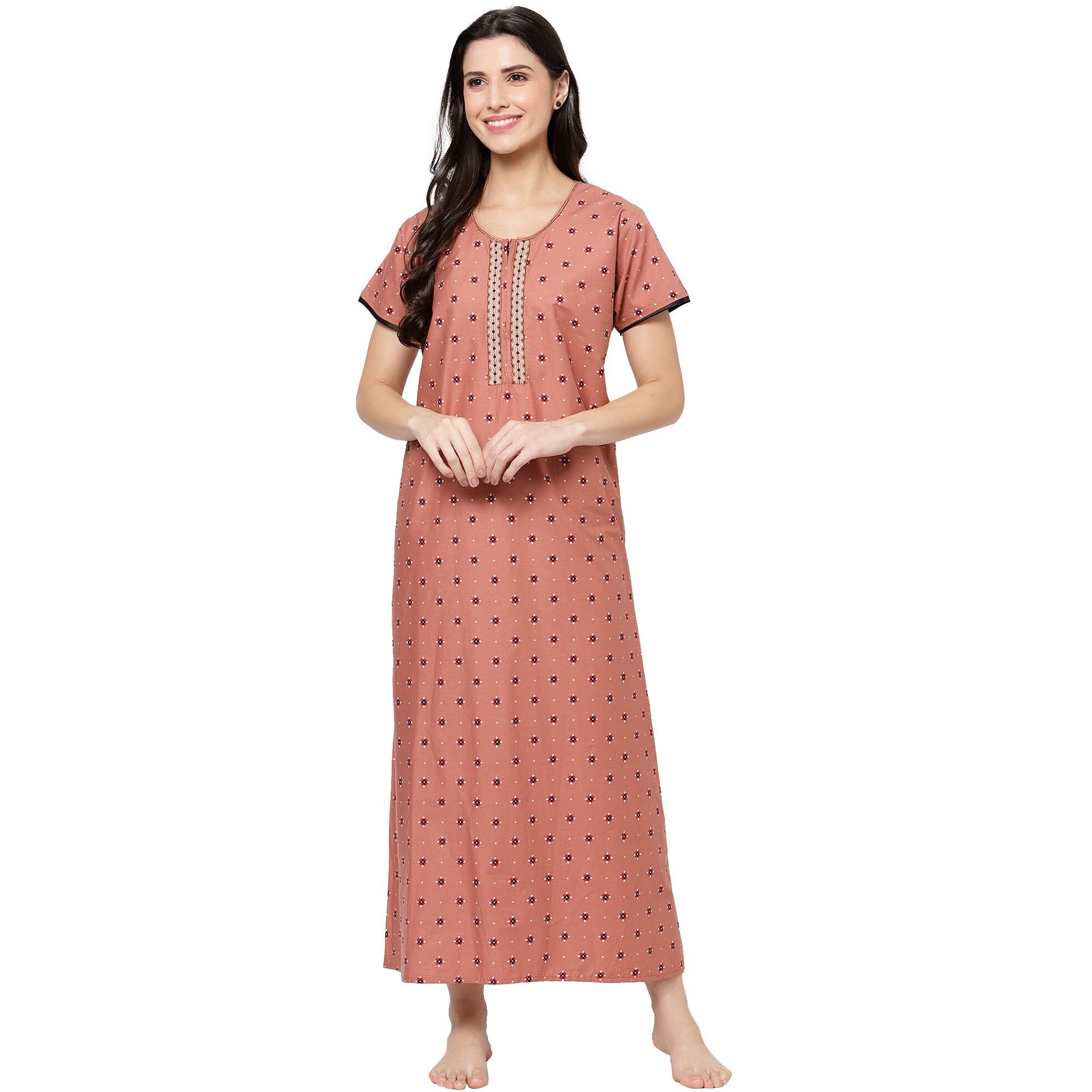 Sweet Dreams Women Printed Half Sleeve Round Neck 100% Pure Cotton Maxi Long Nighty-Pink-M