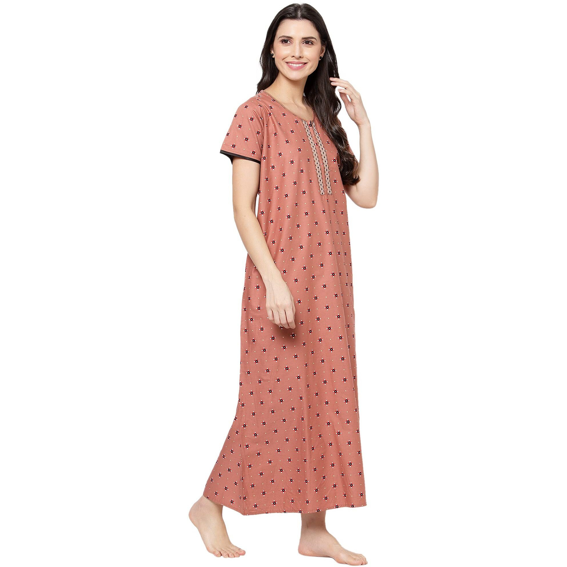 Sweet Dreams Women Printed Half Sleeve Round Neck 100% Pure Cotton Maxi Long Nighty-Pink-M