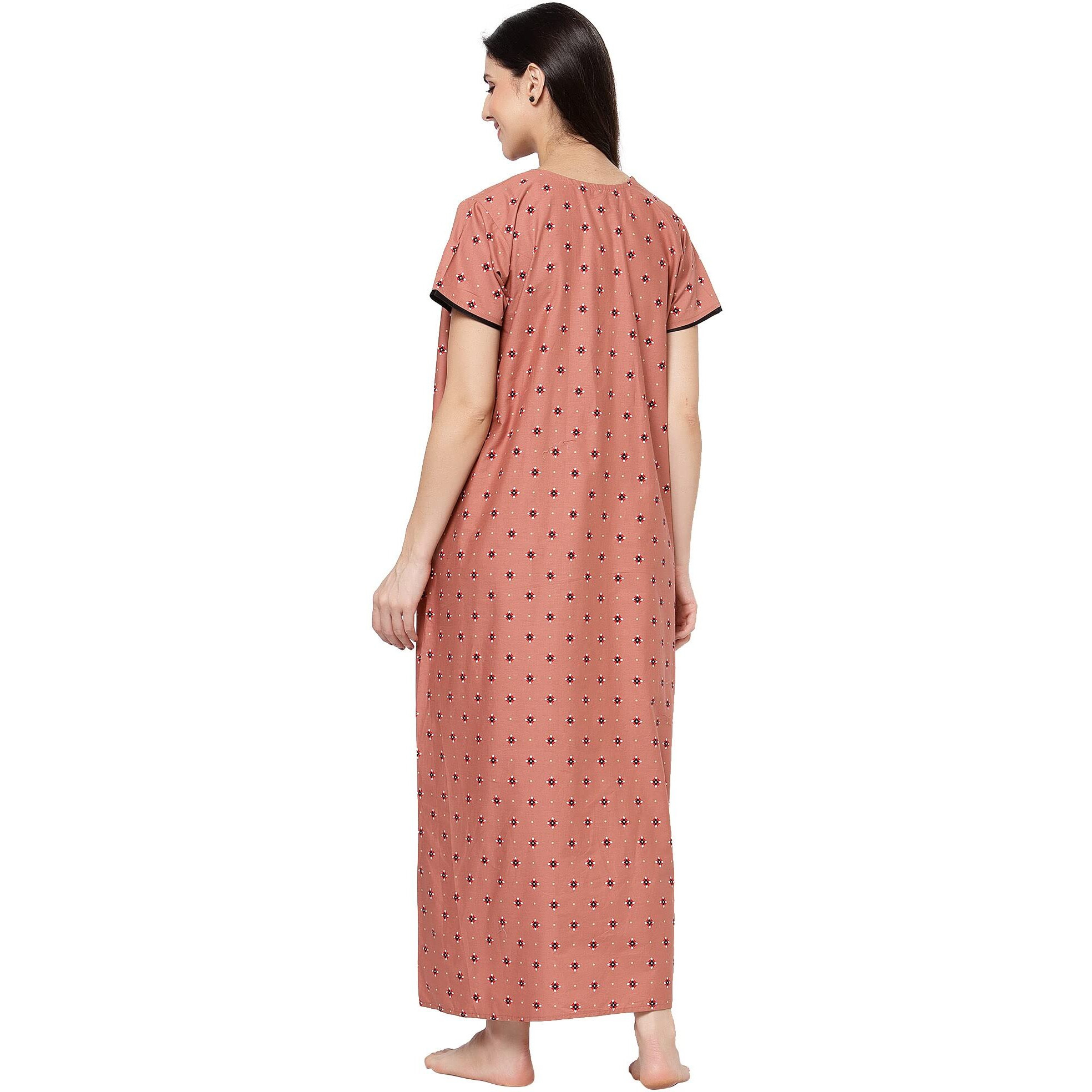 Sweet Dreams Women Printed Half Sleeve Round Neck 100% Pure Cotton Maxi Long Nighty-Pink-M