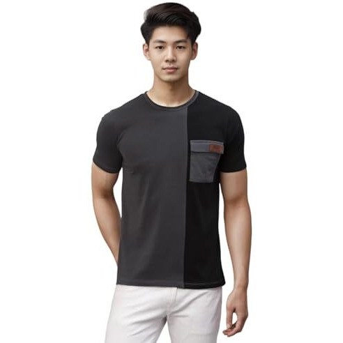 Rigo Printed Men T-Shirt | Dark Grey Black Cut & Sew T-Shirt | Round Neck Cotton Half Sleeve T-Shirt | Printed Cotton Blend Grey T-Shirt (Size-Xl)