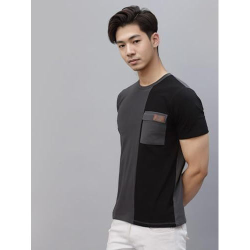 Rigo Printed Men T-Shirt | Dark Grey Black Cut & Sew T-Shirt | Round Neck Cotton Half Sleeve T-Shirt | Printed Cotton Blend Grey T-Shirt (Size-Xl)