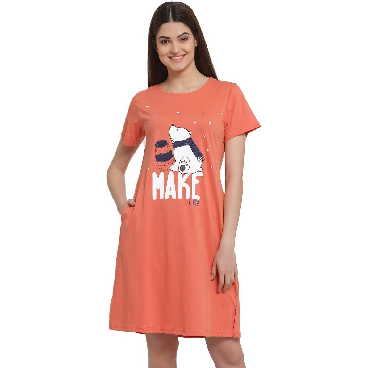 Sweet Dreams Women Coral Graphic Round Neck Half Sleeve Cotton Short Nighty-Coral-S