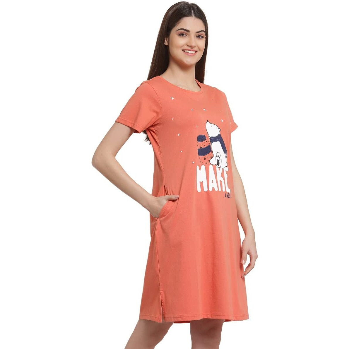 Sweet Dreams Women Coral Graphic Round Neck Half Sleeve Cotton Short Nighty-Coral-S
