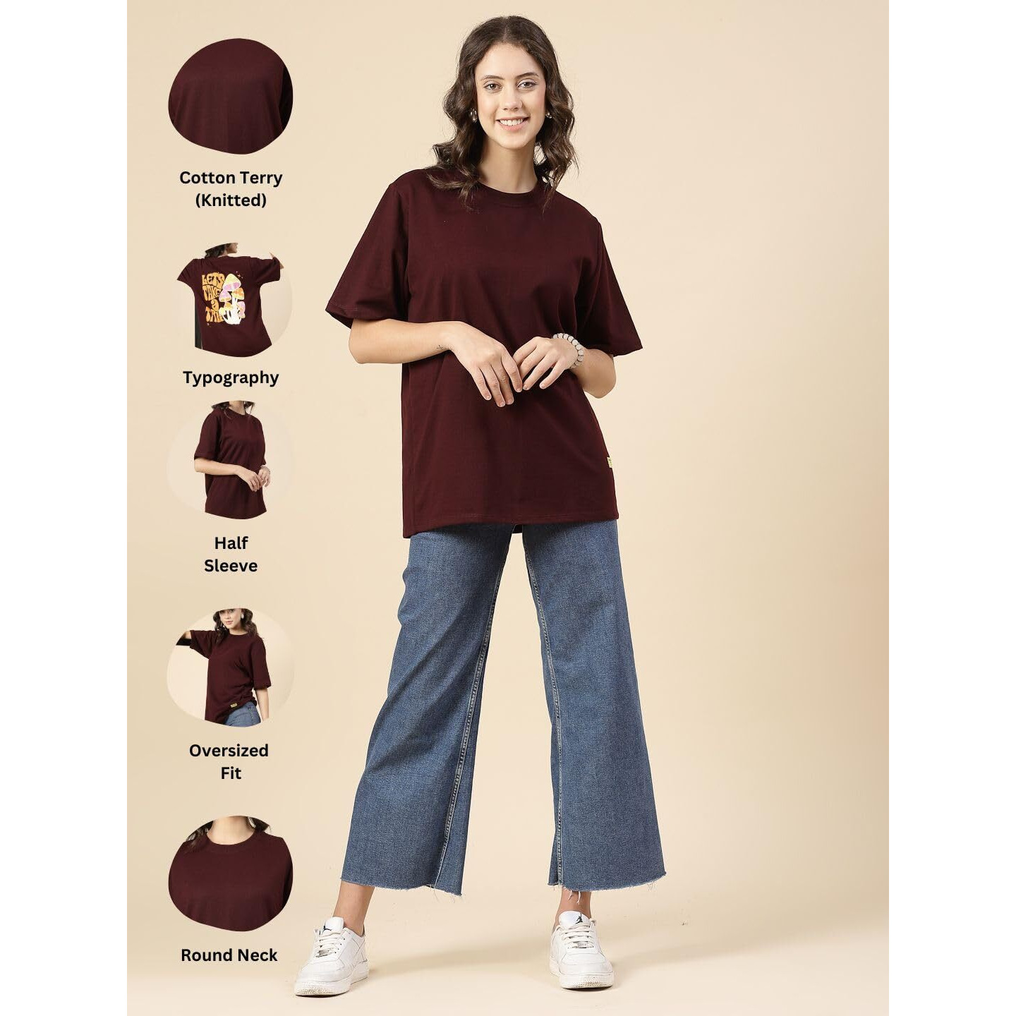 Rigo Back Printed Half Sleeves Round Neck Oversized T-Shirt For Women | Drop Shoulder T-Shirt For Women | Loose Baggy Fit T-Shirt For Women/Girls