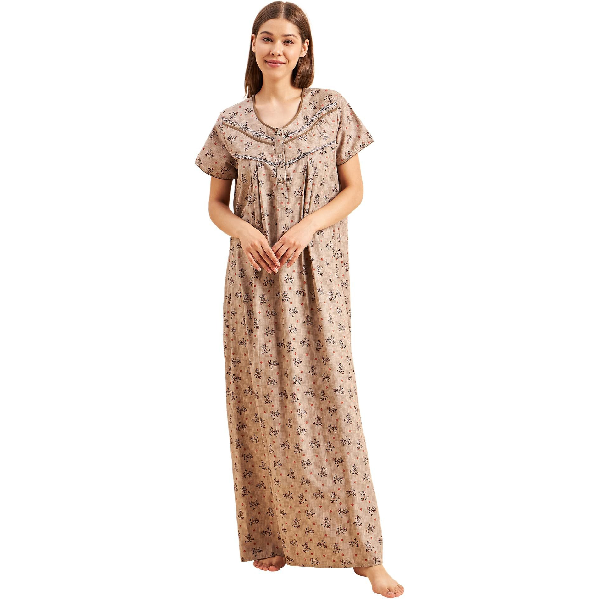 Sweet Dreams Women's Cotton Maxi Night Dress (Ocw-2995 Brown 1_Xl)