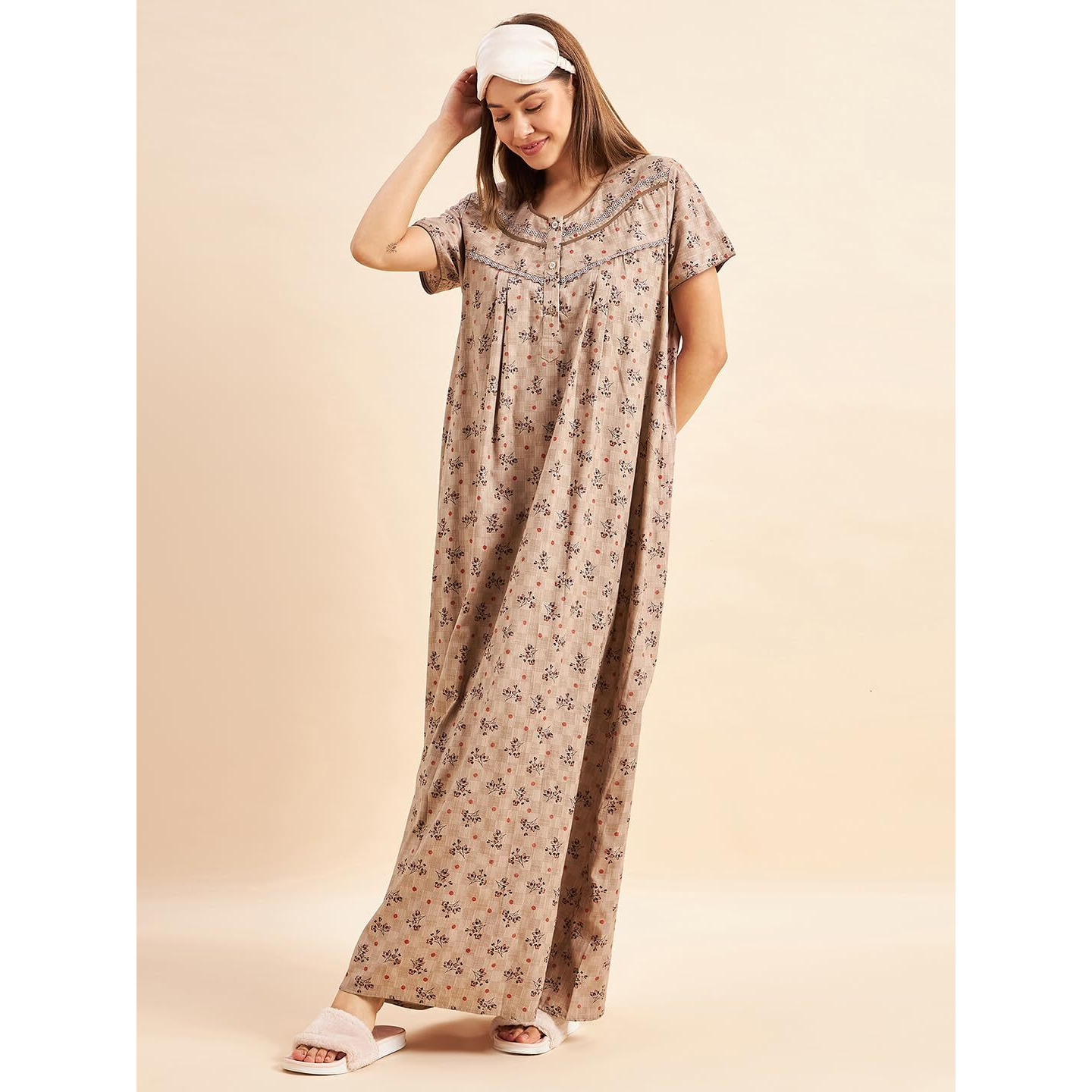 Sweet Dreams Women's Cotton Maxi Night Dress (Ocw-2995 Brown 1_Xl)