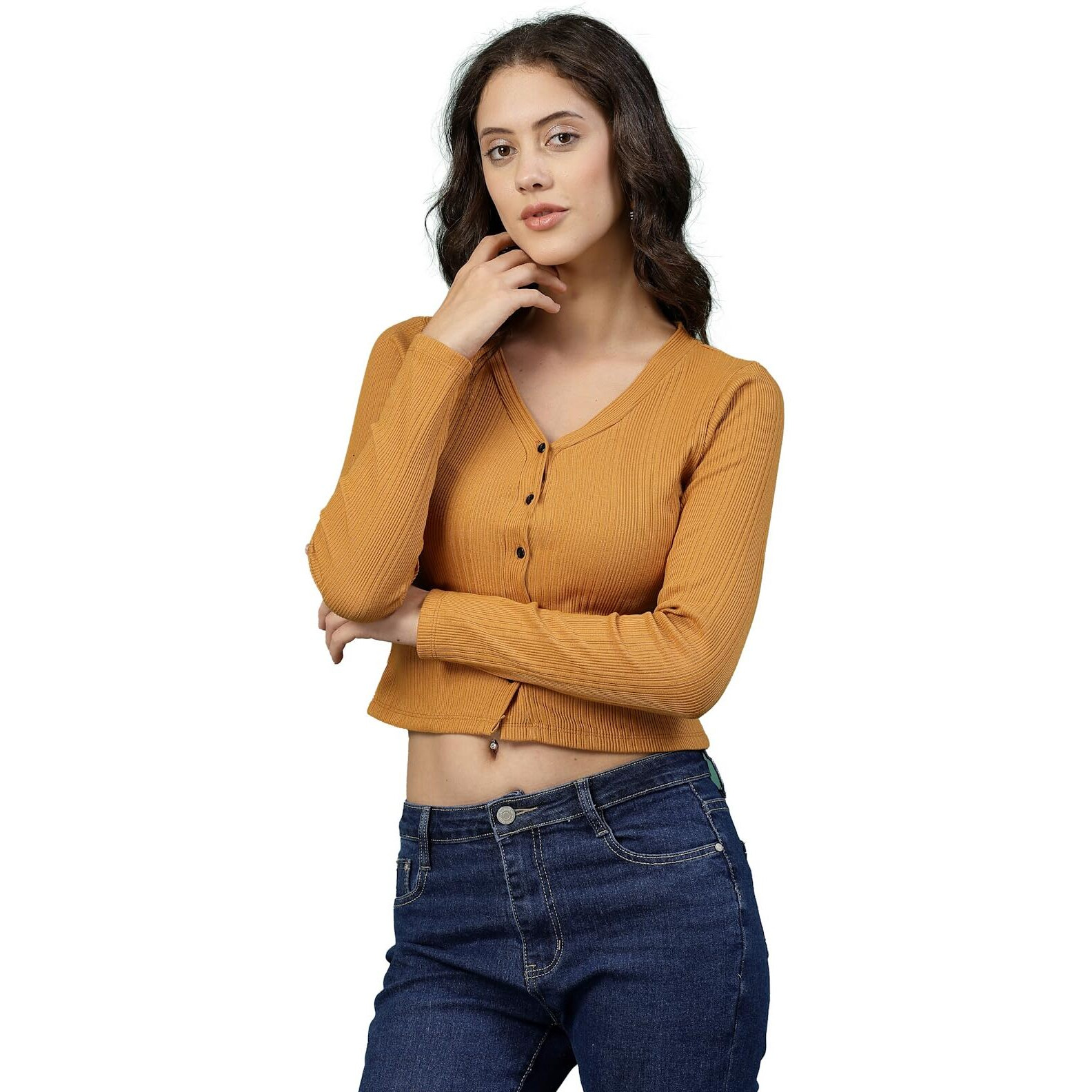 Rigo Casual Wear V Neck Rib Knit Top For Women | Slim Fit Long Sleeves Western Tops For Women