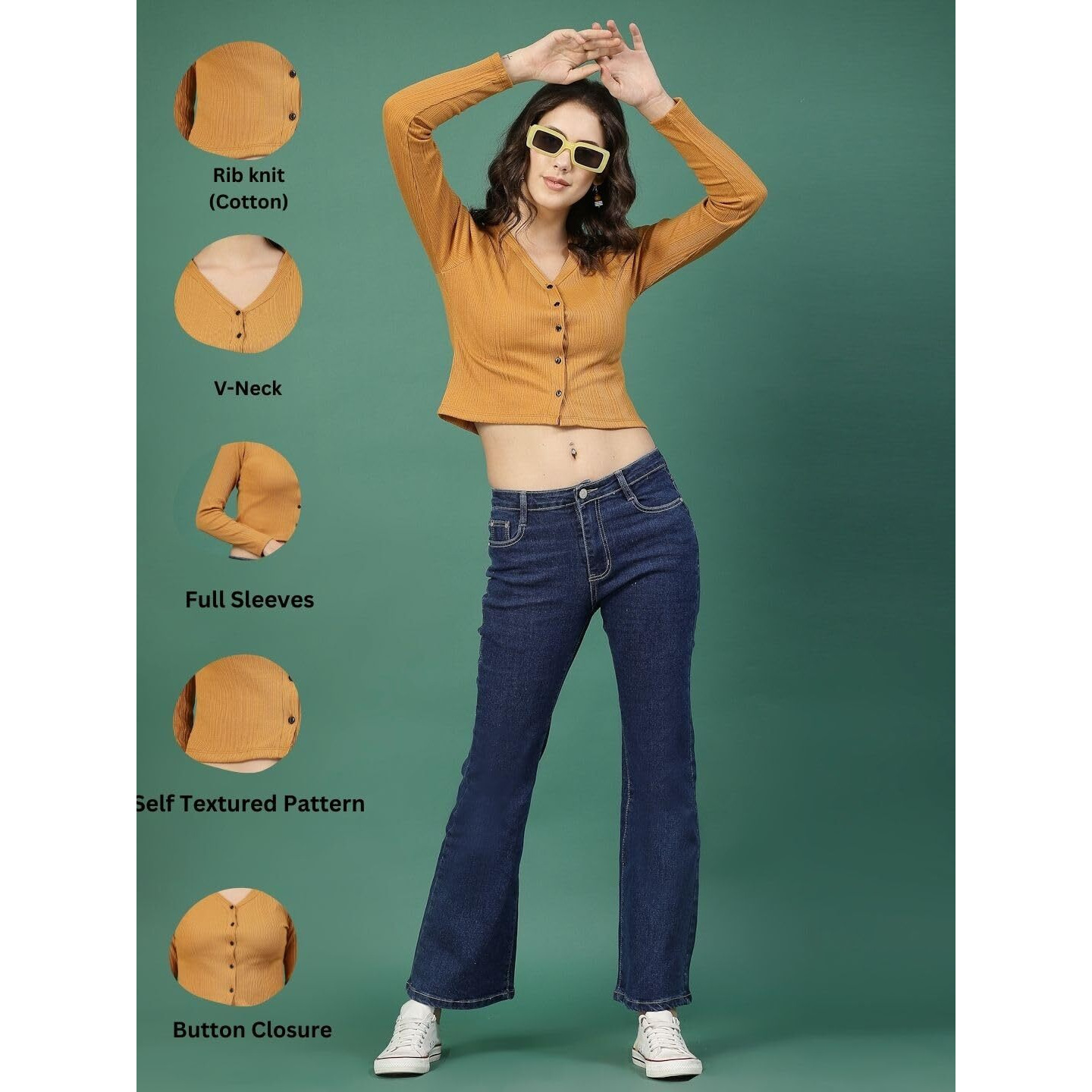 Rigo Casual Wear V Neck Rib Knit Top For Women | Slim Fit Long Sleeves Western Tops For Women