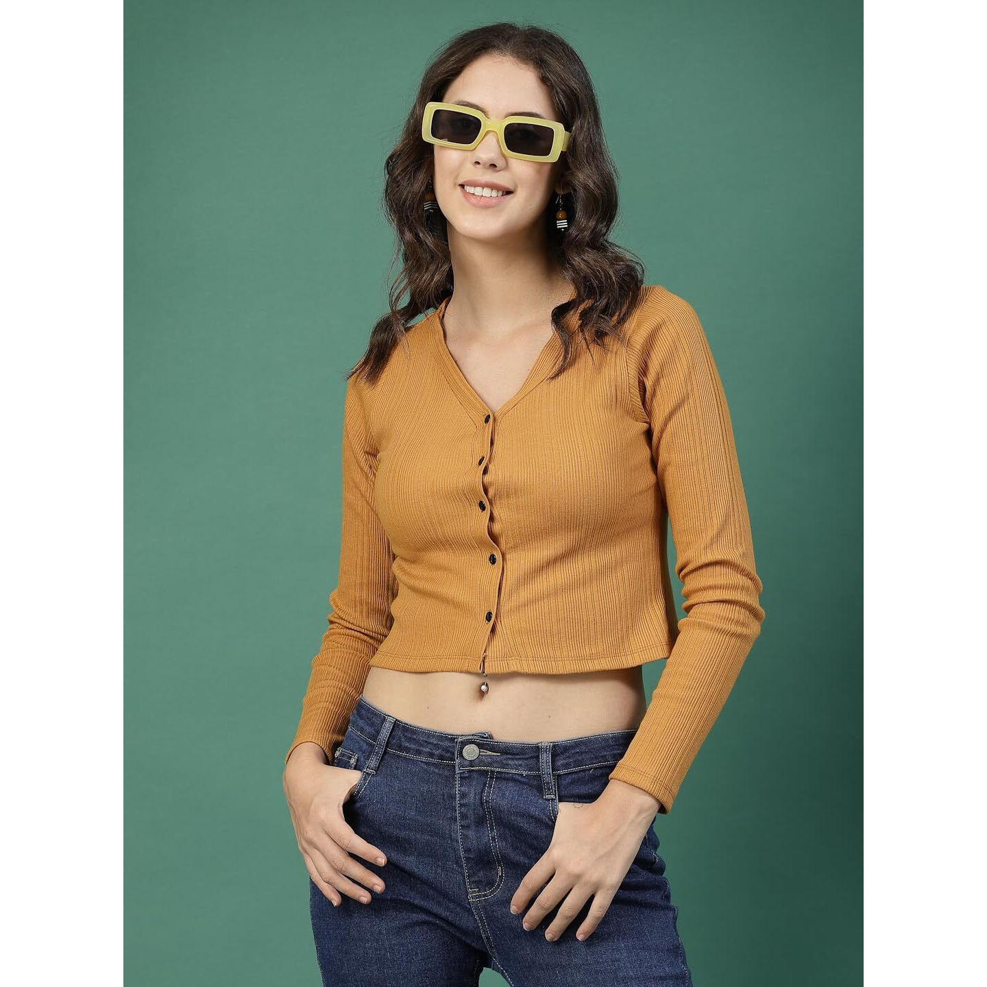 Rigo Casual Wear V Neck Rib Knit Top For Women | Slim Fit Long Sleeves Western Tops For Women