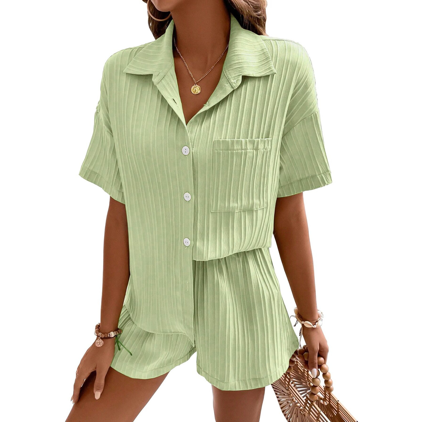 Shasmi Women & Girls Pista Solid Color Button Front Vacation Solid Texture Short Sleeve Loose Fit Drop Shoulder Pocket Shirt And Shorts Casual Two-Piece Set (Co Ods 143 Pista-M)