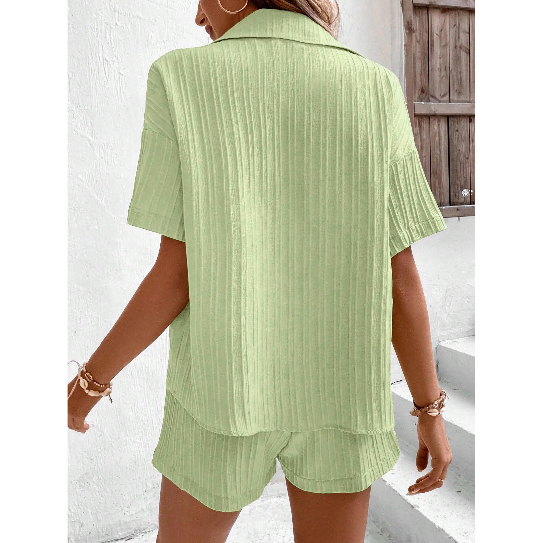 Shasmi Women & Girls Pista Solid Color Button Front Vacation Solid Texture Short Sleeve Loose Fit Drop Shoulder Pocket Shirt And Shorts Casual Two-Piece Set (Co Ods 143 Pista-M)