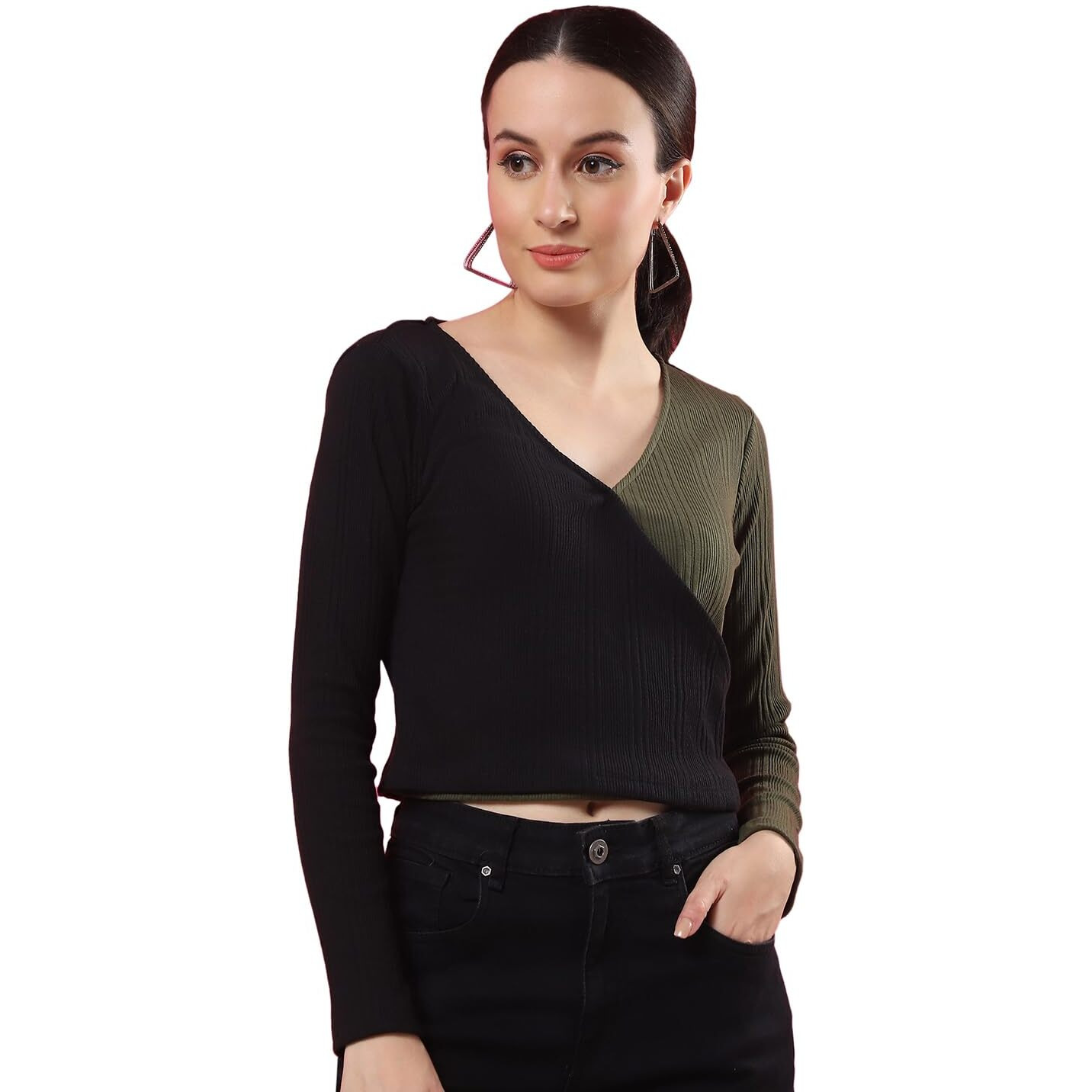Rigo Casual Wear V Neck Rib Knit Top For Women | Slim Fit Long Sleeves Western Tops For Women
