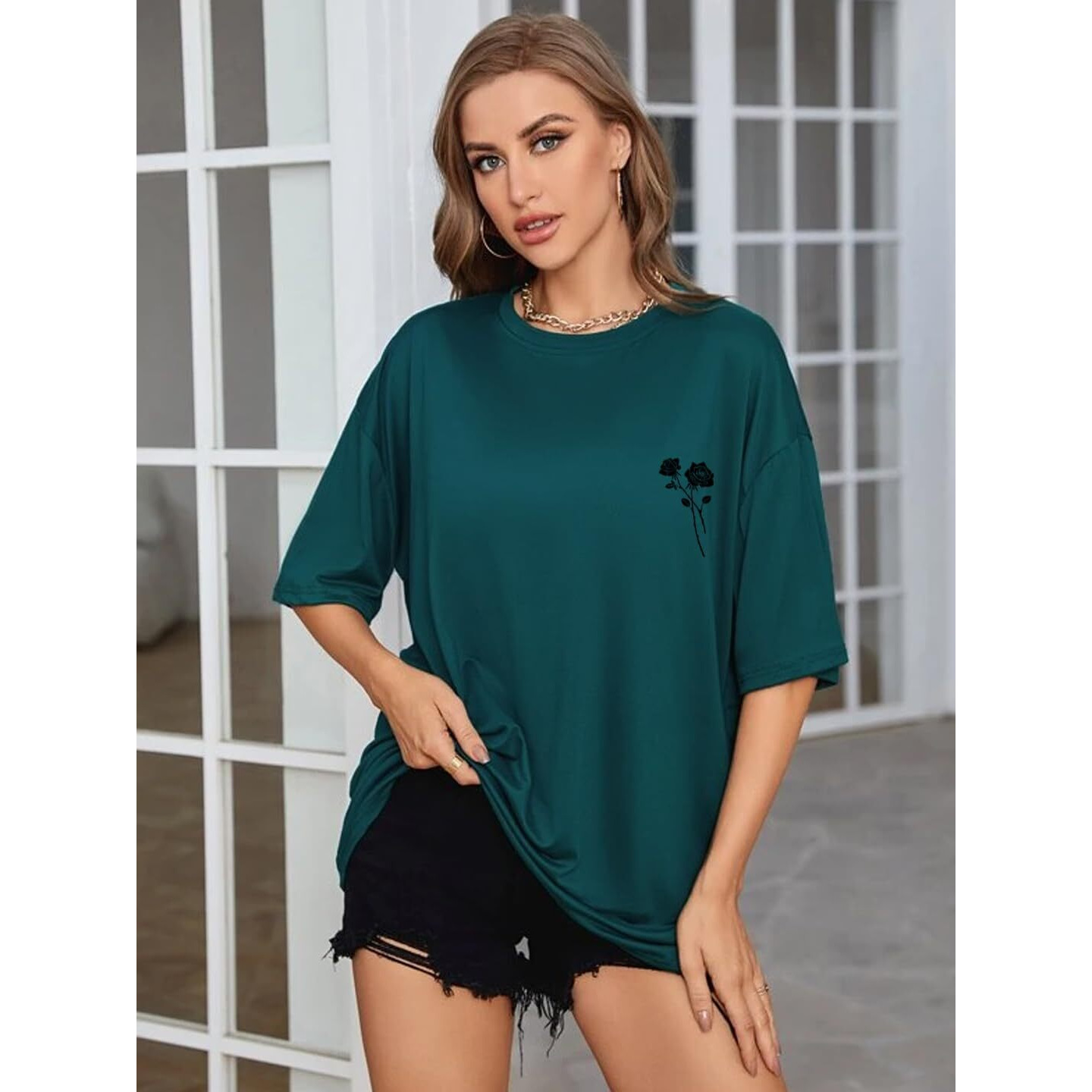 Rigo Back Printed Half Sleeves Round Neck Oversized T-Shirt For Women | Drop Shoulder T-Shirt Loose Baggy Fit T-Shirt For Women/Girls