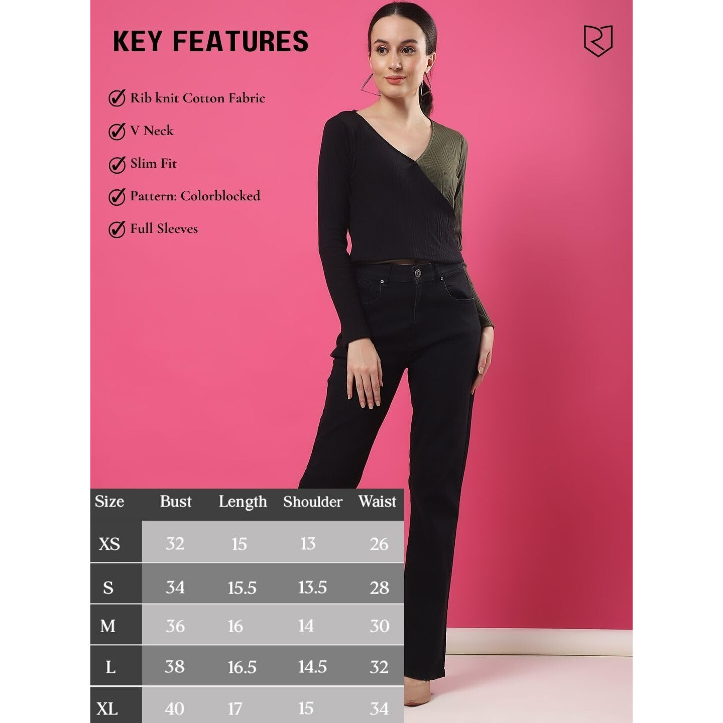 Rigo Casual Wear V Neck Rib Knit Top For Women | Slim Fit Long Sleeves Western Tops For Women