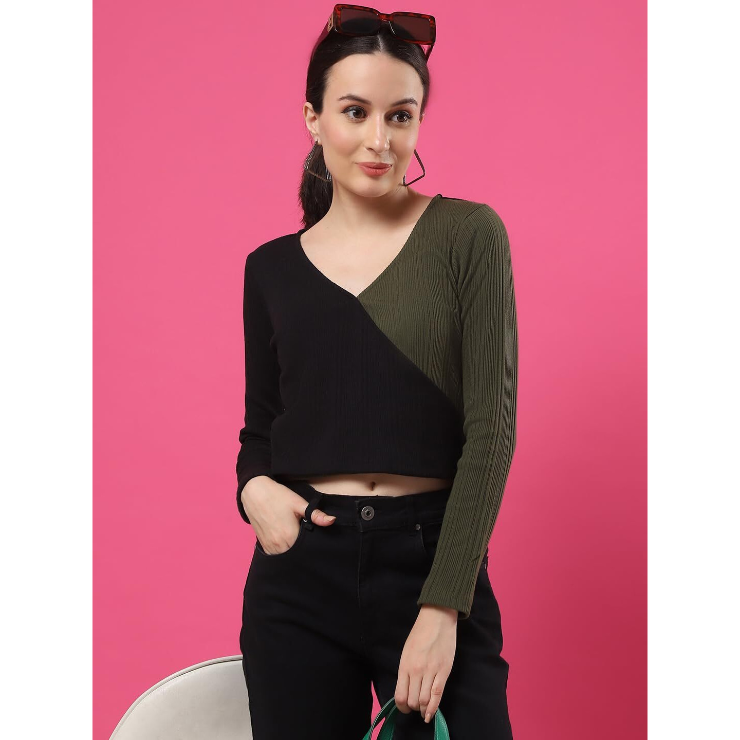 Rigo Casual Wear V Neck Rib Knit Top For Women | Slim Fit Long Sleeves Western Tops For Women